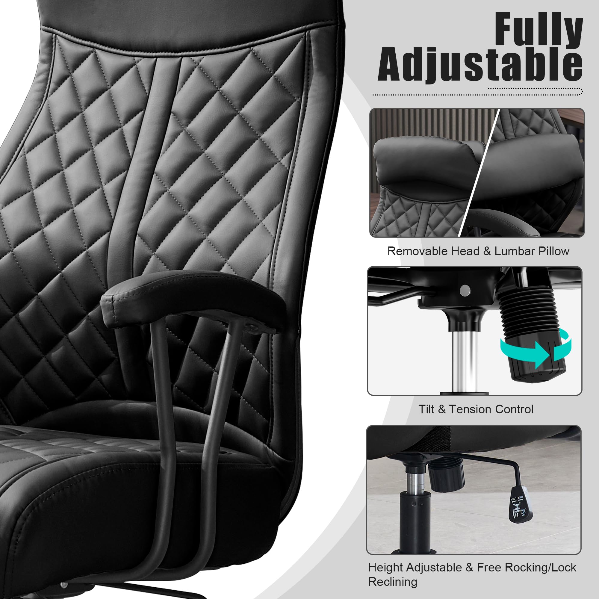 Modern Leather Office Chair, High Back Conference Room Chairs Mid-Century Reclining Office Chairs with Removable Pillow, Padded Executive Office Chair for Home, Office.