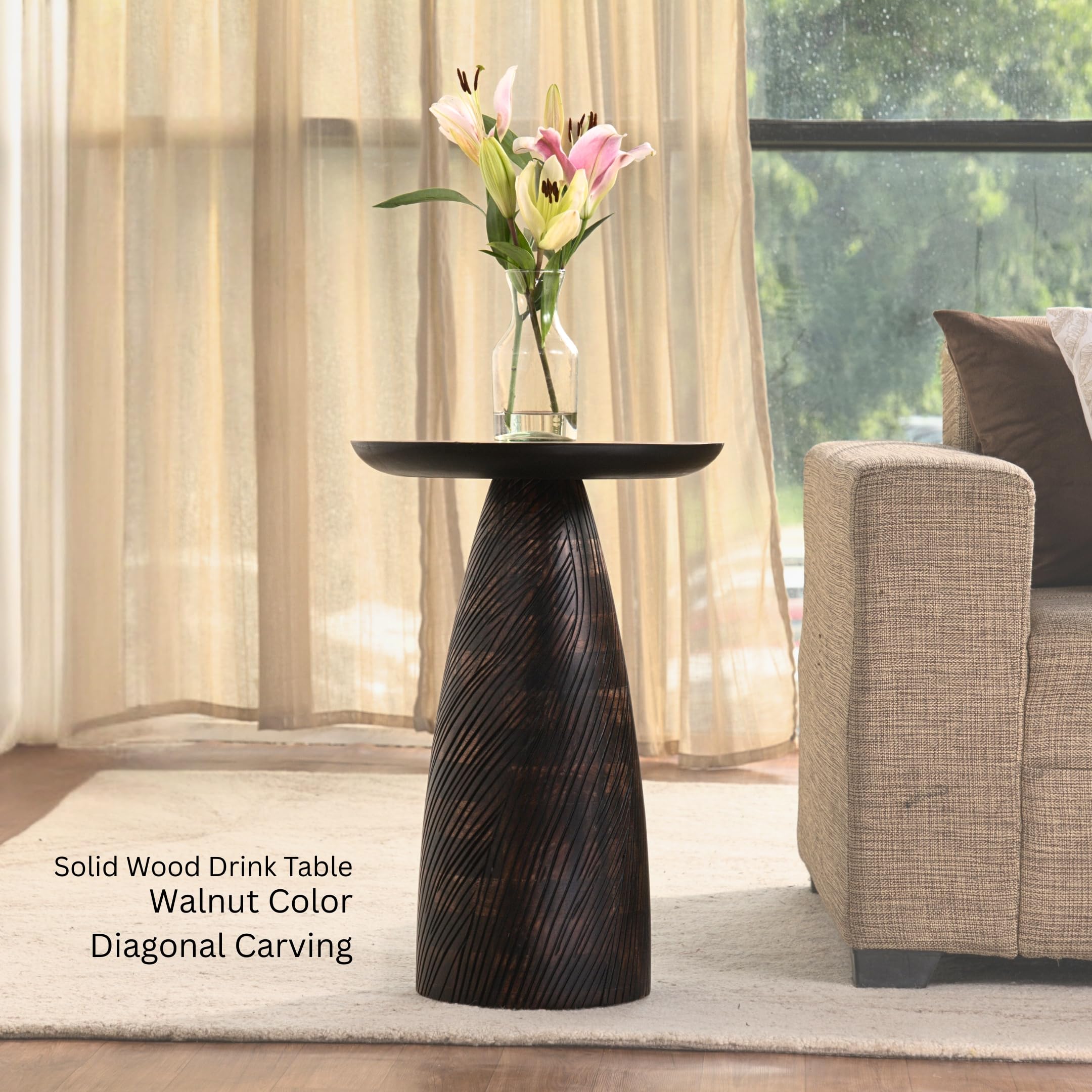 Mid-Century Farmhouse Cottagecore Accent Drink Table, Round Solid Mango Wood Accent Table with Carved Cone Base Minimalist Design for Small Spaces, Living Room, Bedroom or Entryway, Walnut, Assembled