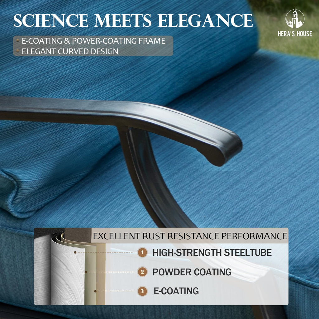 5 Pieces Patio Furniture Set, 2 x Rocking Chair, 2 x Ottoman, 1 x 3-Seat Sofa, All Cushioned 7 Seats Metal Outdoor Conversation Set for Lawn Garden Backyard