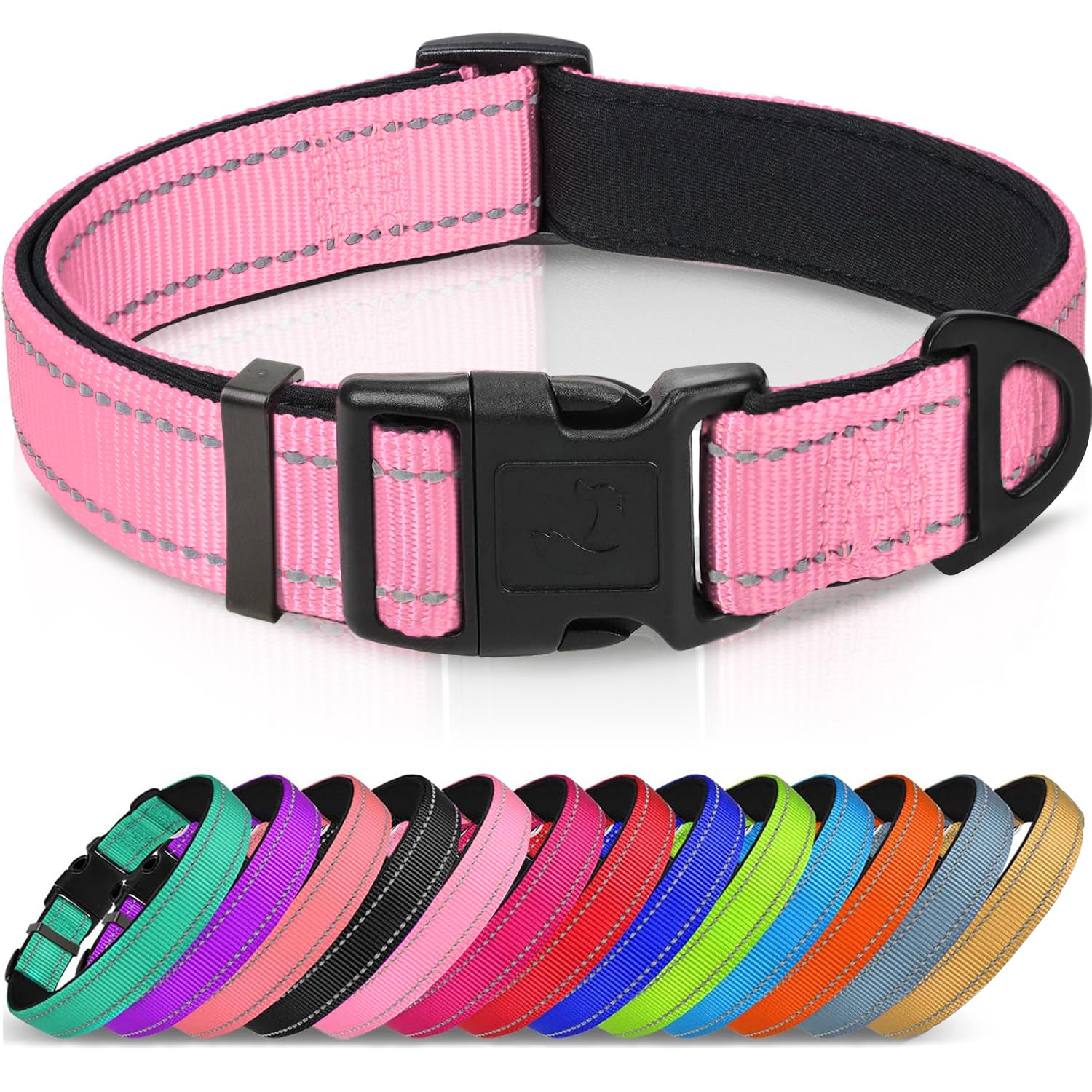Reflective Dog Collar, Soft Neoprene Padded, Metal D-Ring, Nylon Pet Collar Adjustable for Medium Dogs, Pink, M