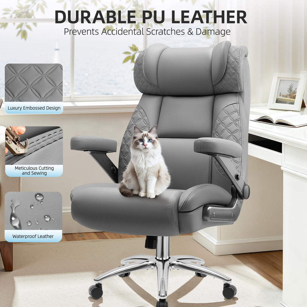 Office Chair, 5D Flip Arm Ergonomic Desk Chair with Adjustable Lumbar Support for Back Pain, Extra Wide 500LBS Comfy Big and Tall Office Chair, Executive Leather Computer Game Chair for Heavy People