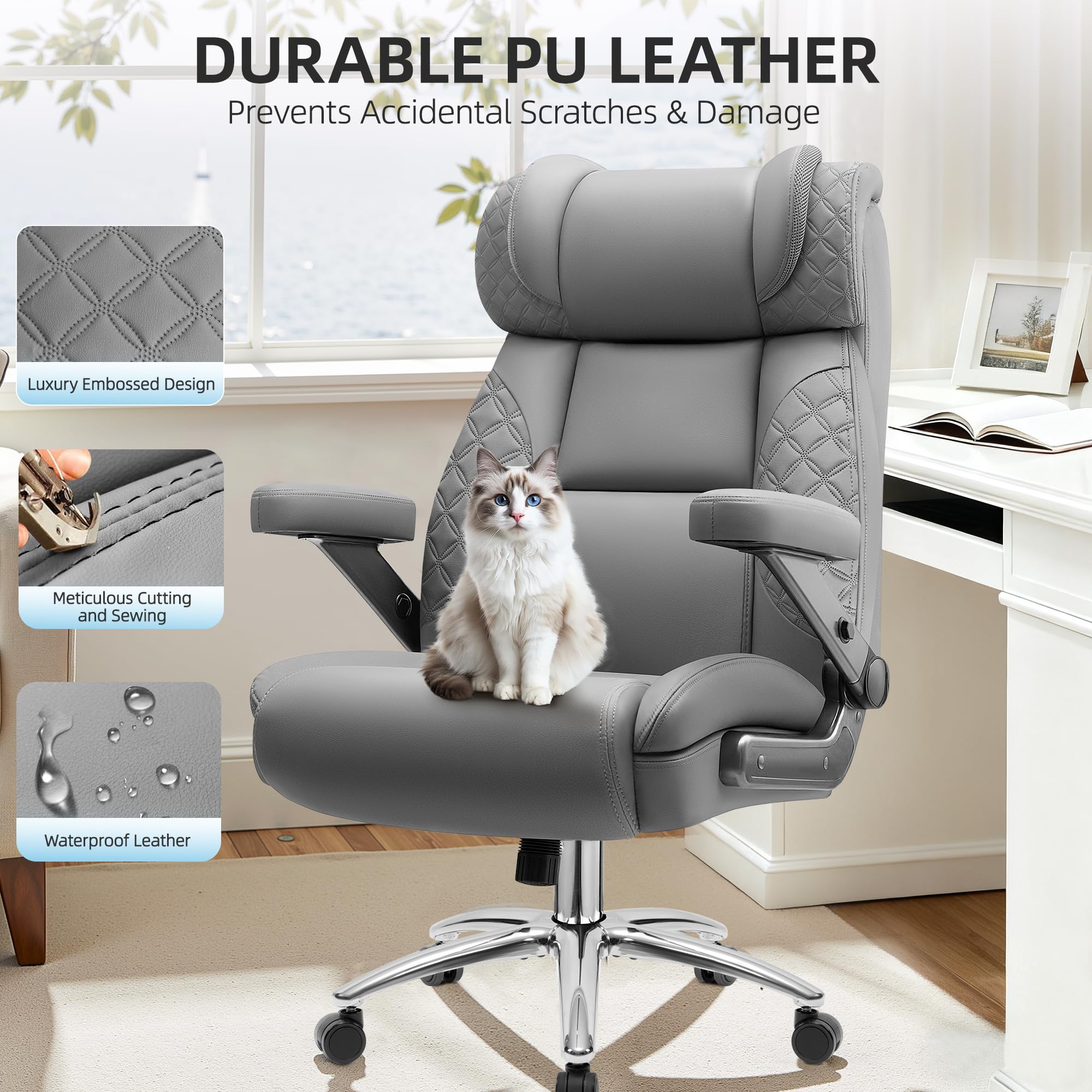 Office Chair, 5D Flip Arm Ergonomic Desk Chair with Adjustable Lumbar Support for Back Pain, Extra Wide 500LBS Comfy Big and Tall Office Chair, Executive Leather Computer Game Chair for Heavy People