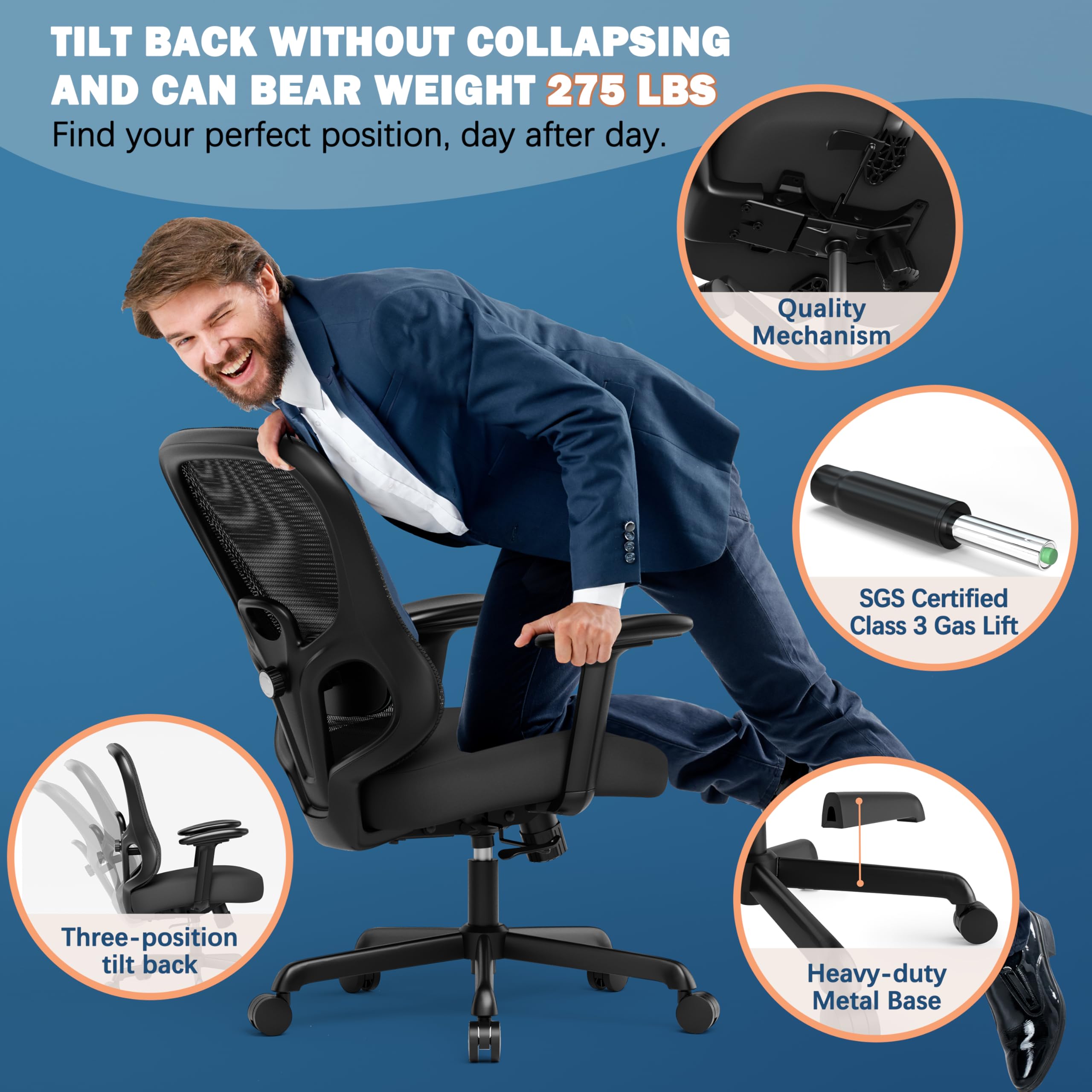 Ergonomic Office Chair,Home Desk Chair with Mesh Back,Adjustable Lumbar Support,Built-in Springs Wide Seat,Executive Task Chair with 3-D Big Armrests,Tilt Function,Computer Desk Chair