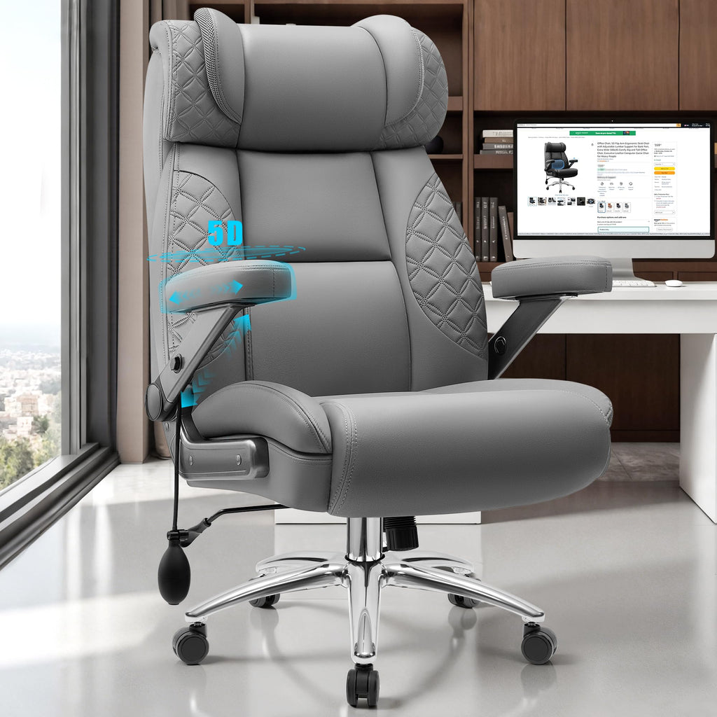 Office Chair, 5D Flip Arm Ergonomic Desk Chair with Adjustable Lumbar Support for Back Pain, Extra Wide 500LBS Comfy Big and Tall Office Chair, Executive Leather Computer Game Chair for Heavy People