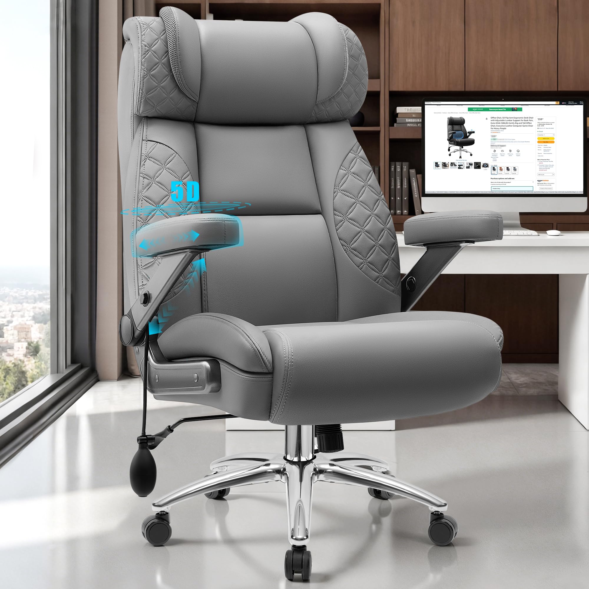 Office Chair, 5D Flip Arm Ergonomic Desk Chair with Adjustable Lumbar Support for Back Pain, Extra Wide 500LBS Comfy Big and Tall Office Chair, Executive Leather Computer Game Chair for Heavy People