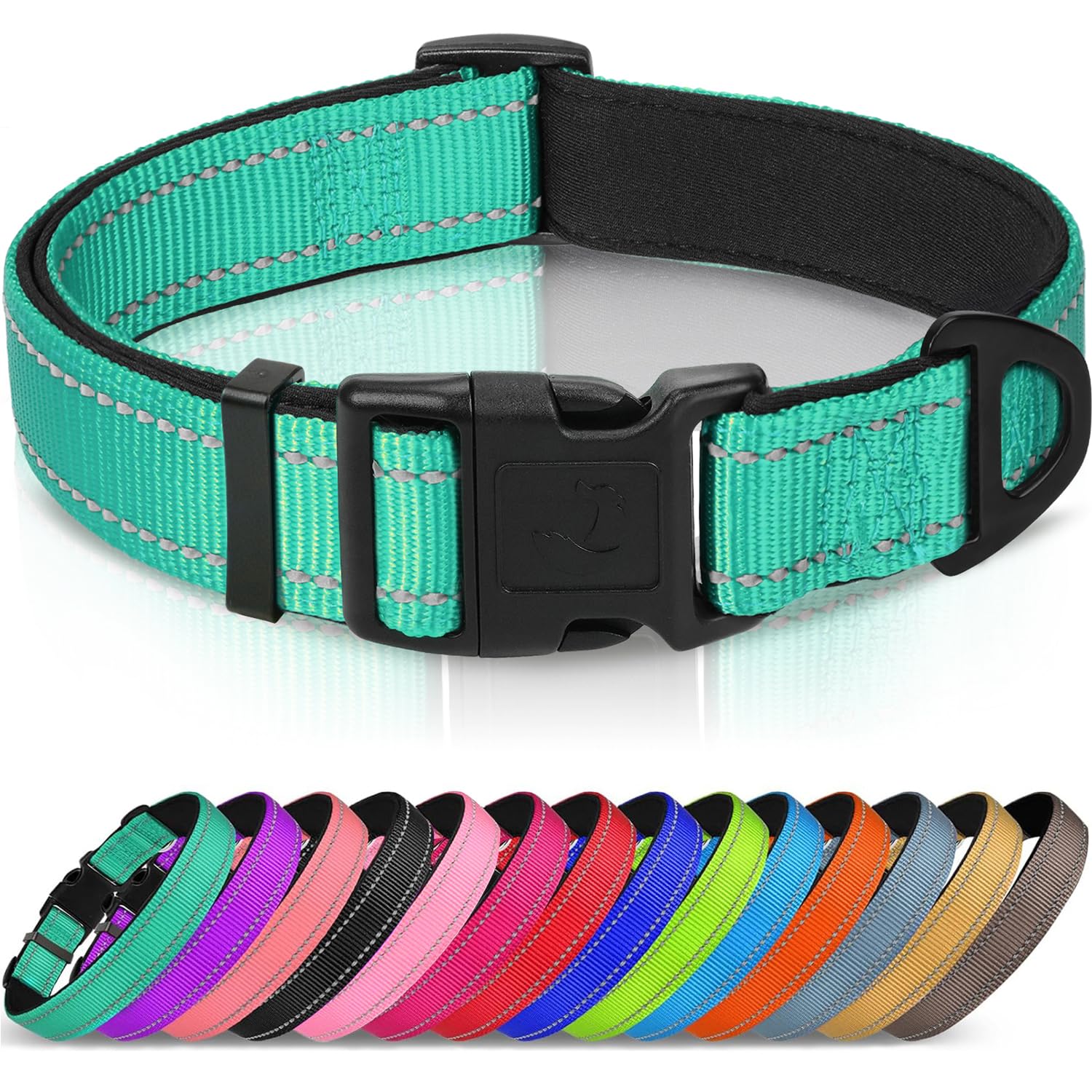 Reflective Dog Collar, Soft Neoprene Padded, Metal D-Ring, Nylon Pet Collar Adjustable for Medium Dogs, Teal, M