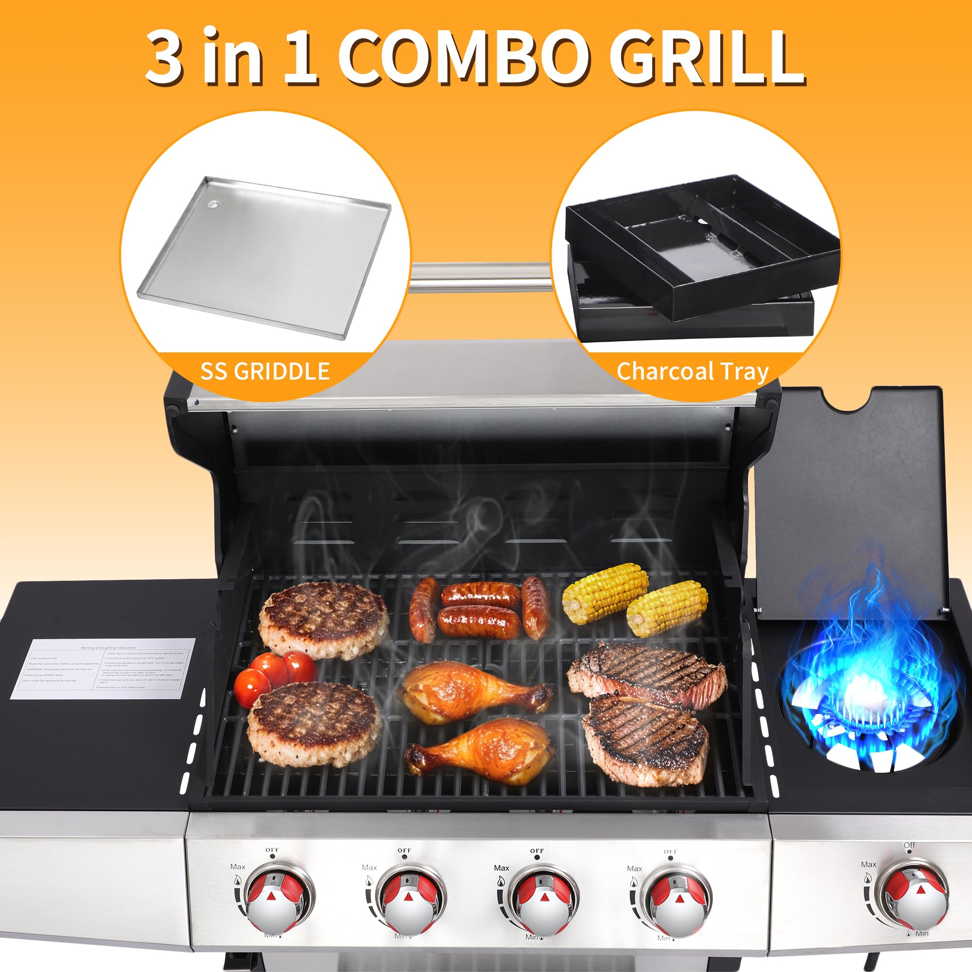 4 Burner Propane Gas Grill Combo w/Side Burner, 3-in-1 BBQ Grill with Charcoal Smoker & Griddle Plate, 46,750 BTU, 448 Sq.In. Stainless Steel Outdoor Cooking Station