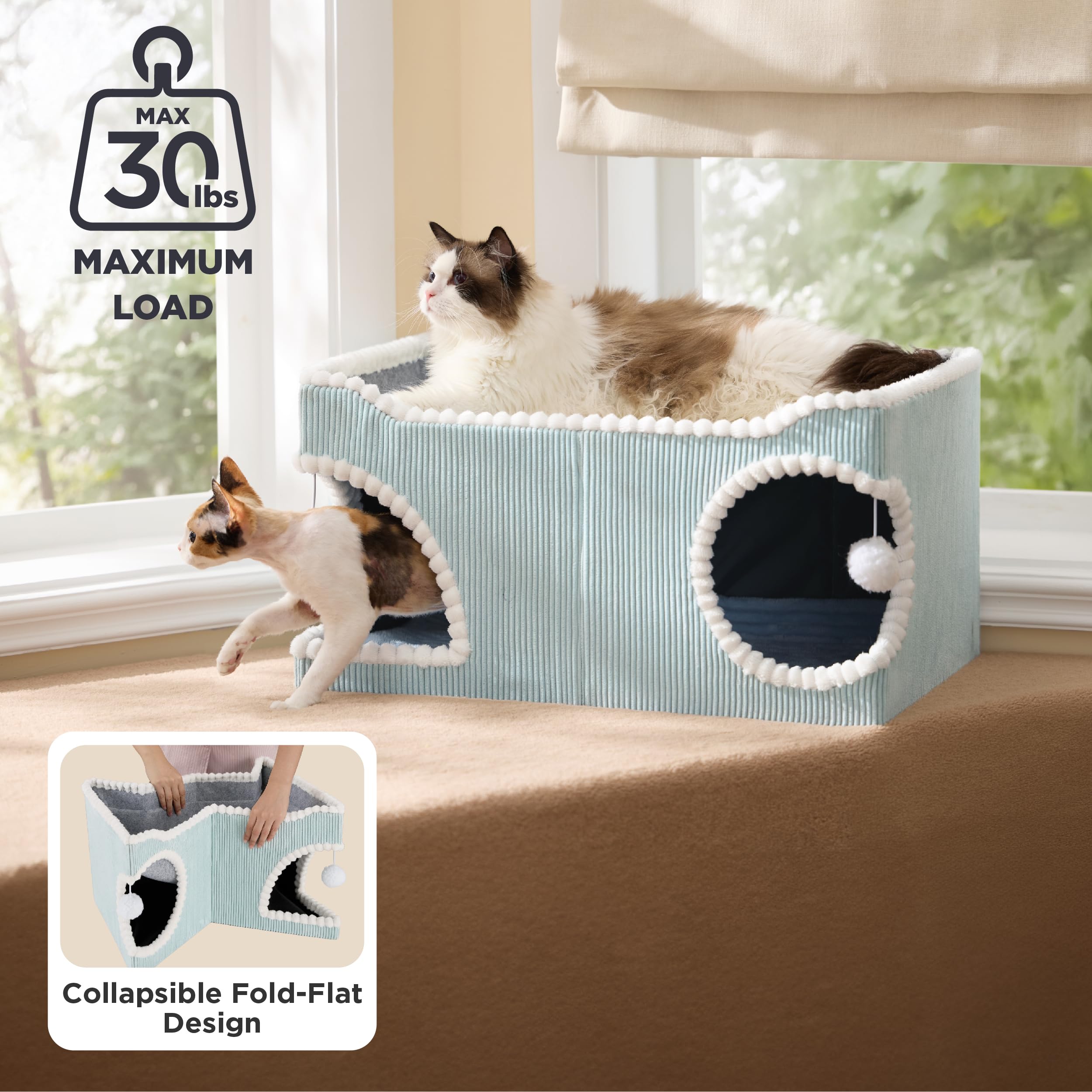 Large Cat Beds for Indoor Cats - Extra Wide Cat House with Scratch Removable Top Sisal Pad for Multi Cats, Foldable Cave Hideaway for Entertainment, 23.6x15.9x12.6inches, Blue