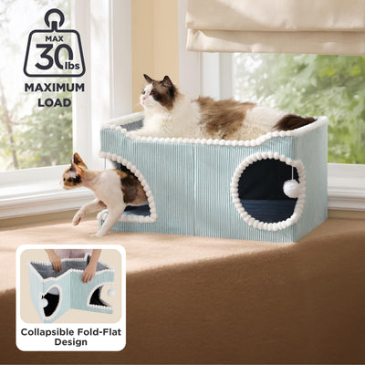 Large Cat Beds for Indoor Cats - Extra Wide Cat House with Scratch Removable Top Sisal Pad for Multi Cats, Foldable Cave Hideaway for Entertainment, 23.6x15.9x12.6inches, Blue