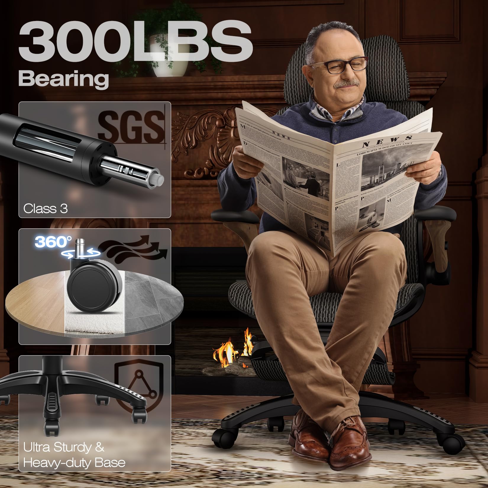 Ergonomic Office Chair with Footrest, Big and Tall Home Desk Chair with 5D Flip-Up Arms, Adjustable 3D Lumbar Support,High Back Rolling Computer Chair, Swivel Mesh Chairs (Library Oak)