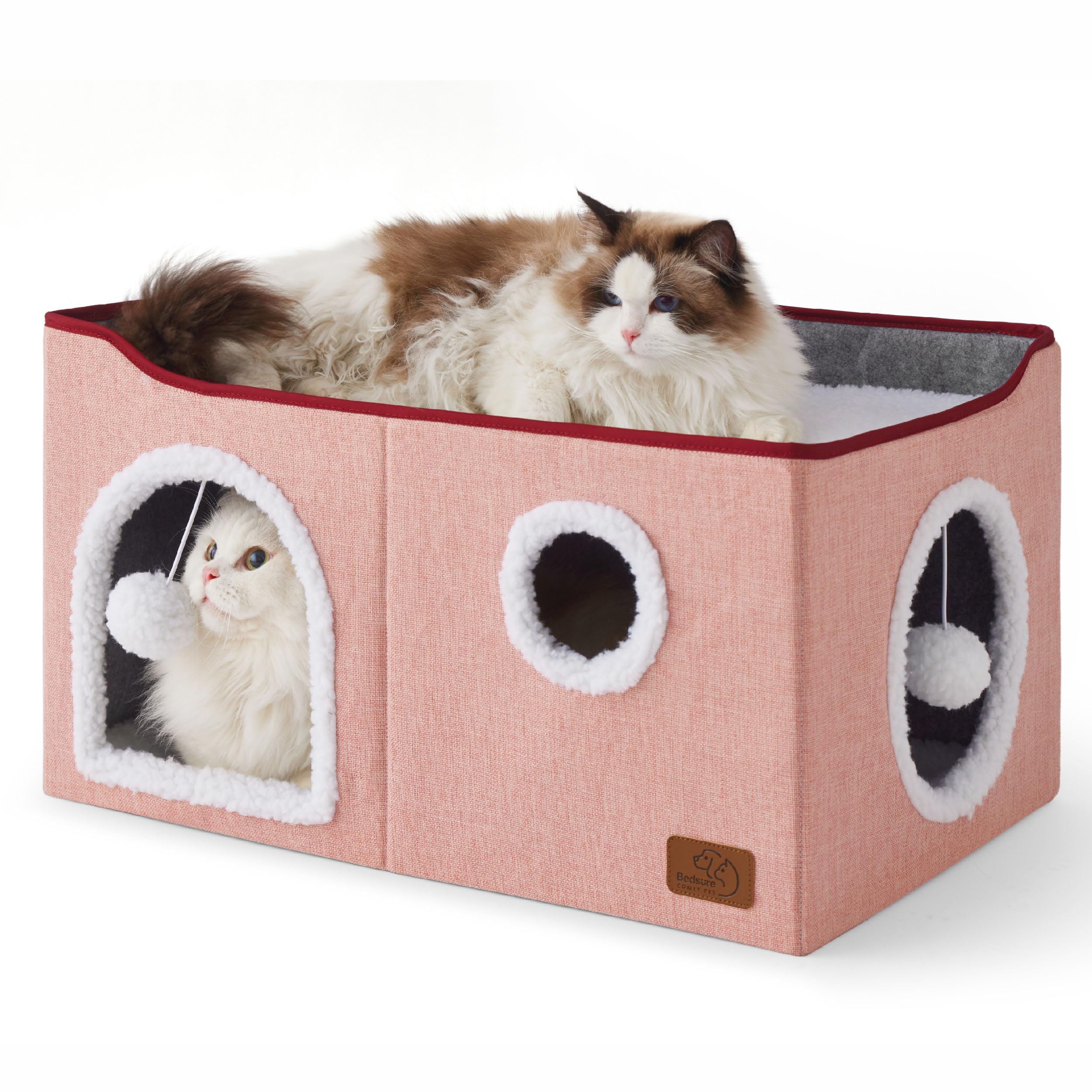 Large Cat Beds for Indoor Cats - Extra Wide Cat Cube House for Small Pet with Fluffy Ball Hanging and Scratch Pad, Foldable Pet Cave Hideaway for Multiple Cats, 23.6x16.9x13 inches,Pink