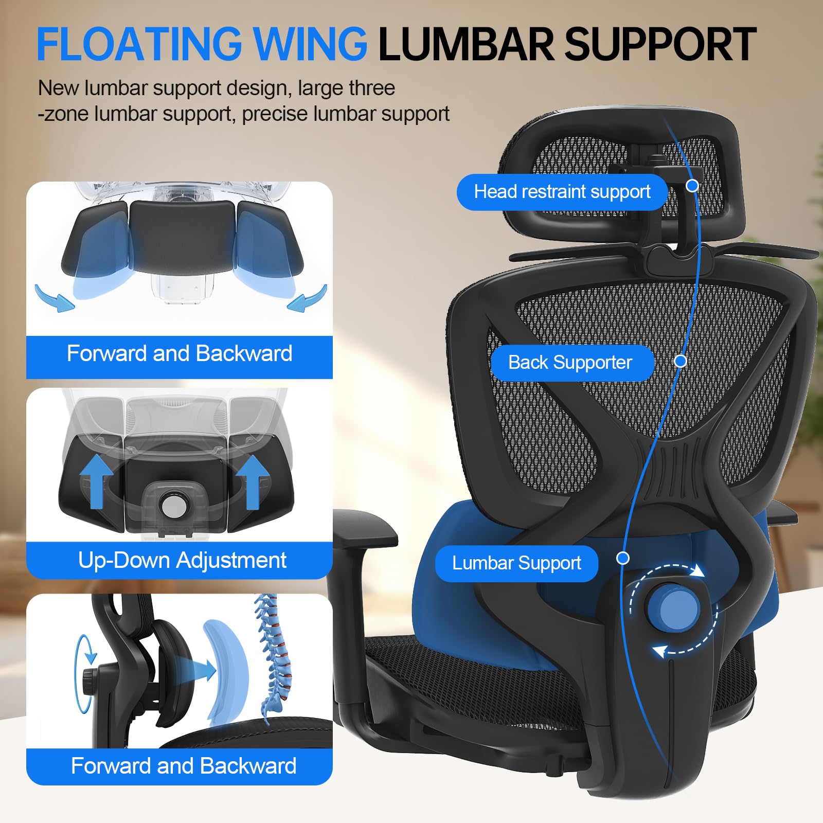 Ergonomic Mesh Office Chair, Home Desk Chair Comfy with Adjustable Lumbar Support 3D Headrest and Armrests, Reclining Big and Tall High Back Computer Gaming Chairs for Man Women, 350lbs Black