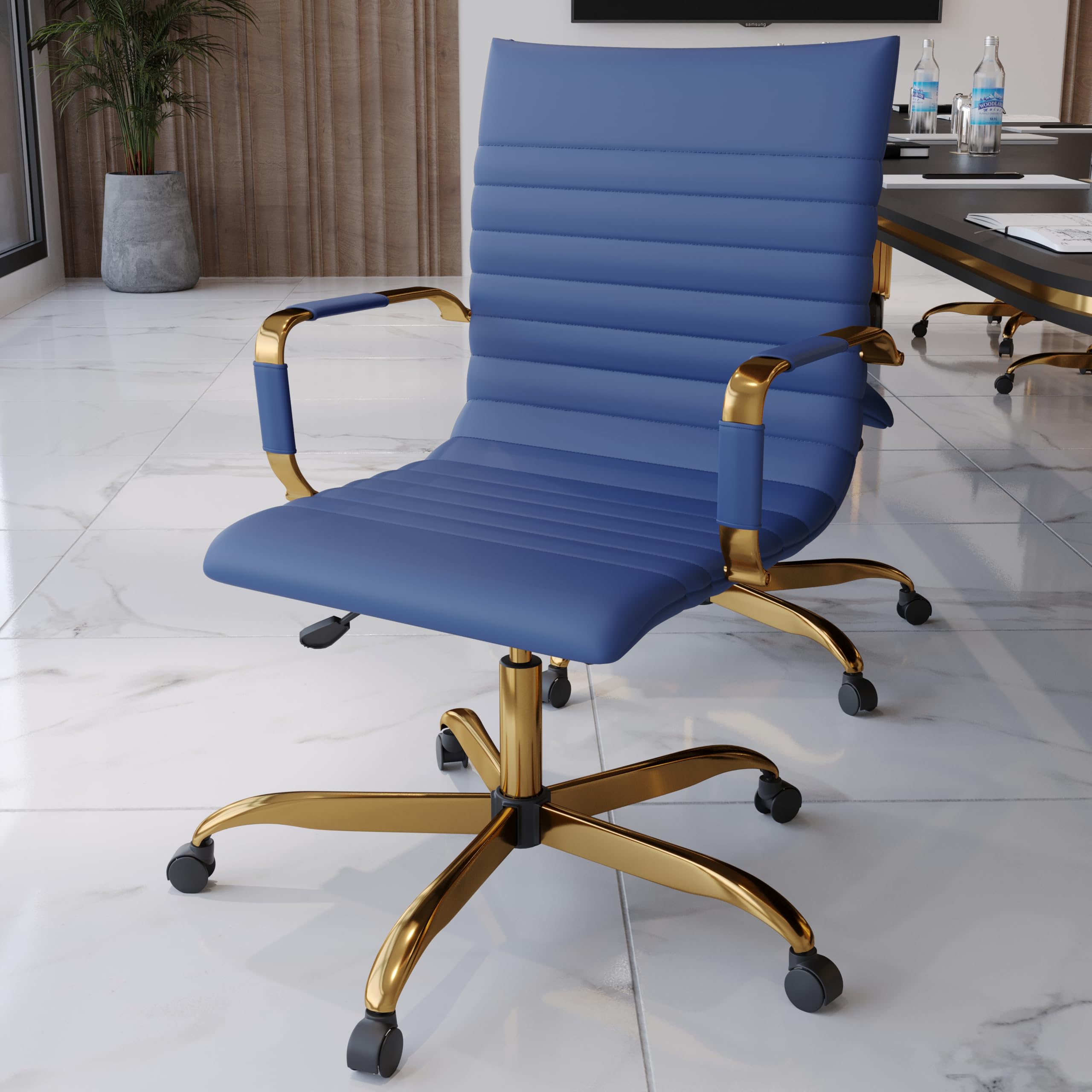 Modern Ergonomic Executive Office Chair, High-Back Leather Conference Desk Chair with Adjustable Height, Tilt Control, 360° Swivel & Gold Frame for Home Office