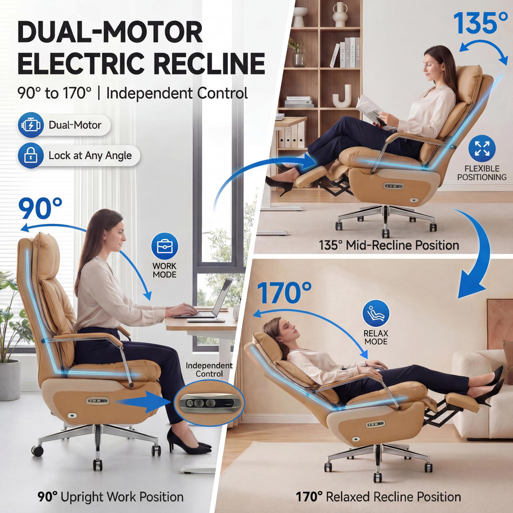 Dual Motor Executive Home Reclining Office Chair with Footrest - One-Click Electric Recline with Massage & Pillow Support Big and Tall PU Leather Ergonomic Desk Chair, High Back Wide Seat (Brown)