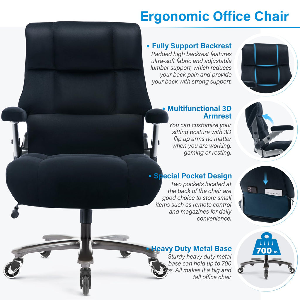 Big and Tall Office Chair 700lbs- Executive Desk Chair with Adjustable Lumbar Support 3D Flip UP Arms- Heavy Duty Quiet Wheels Metal Base Ergonomic Computer Chairs, Black