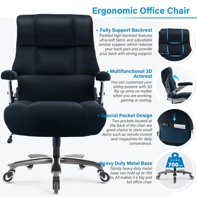 Big and Tall Office Chair 700lbs- Executive Desk Chair with Adjustable Lumbar Support 3D Flip UP Arms- Heavy Duty Quiet Wheels Metal Base Ergonomic Computer Chairs, Black