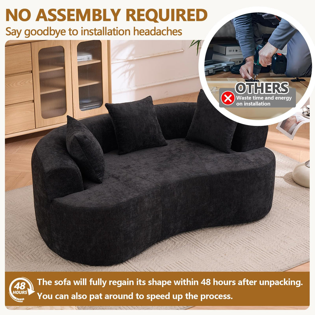 67" Curved Loveseat for Small Spaces, Black Curved Couches for Living room, Compression Sofa in a Box with 3 Pillows, Small Couch for Bedroom with Wide Armrest & Memory Foam, No Assembly Required