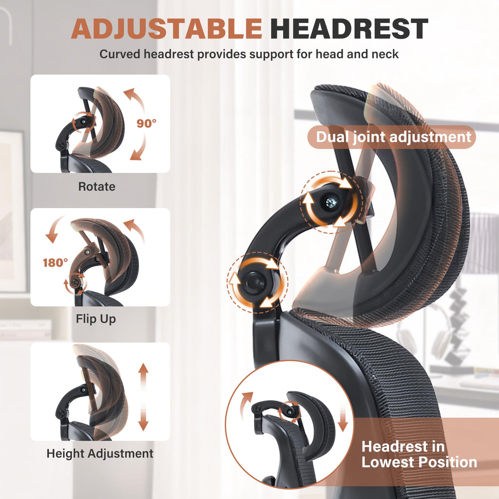 Ergonomic Office Chair with Footrest-Mesh Desk Chair with Adjustable Headrest, 5D Armrests, 3D Lumbar Support & Adjustable Backrest, High Back Swivel Computer Chairs, Heavy Duty Metal Base 400lbs