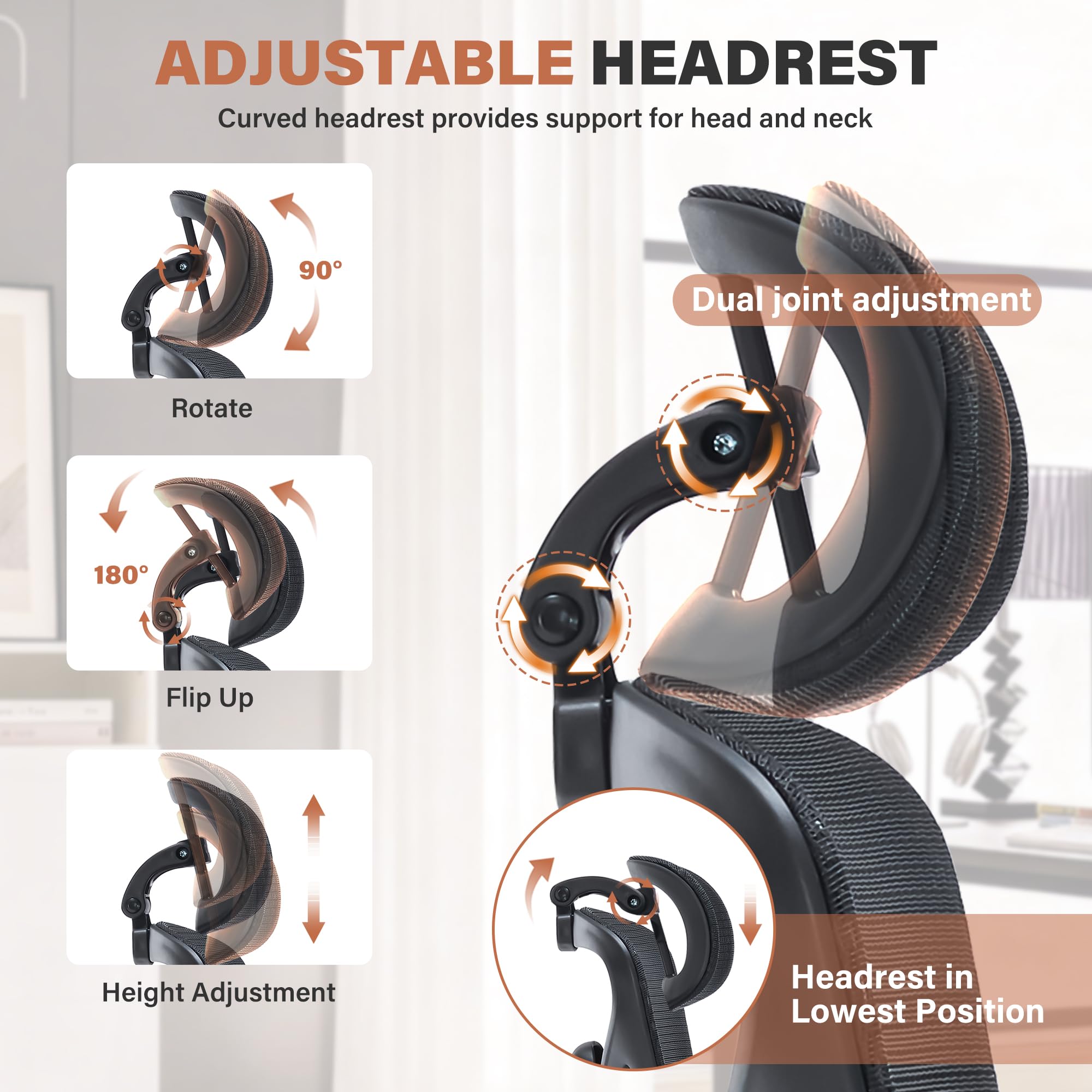 Ergonomic Office Chair with Footrest-Mesh Desk Chair with Adjustable Headrest, 5D Armrests, 3D Lumbar Support & Adjustable Backrest, High Back Swivel Computer Chairs, Heavy Duty Metal Base 400lbs