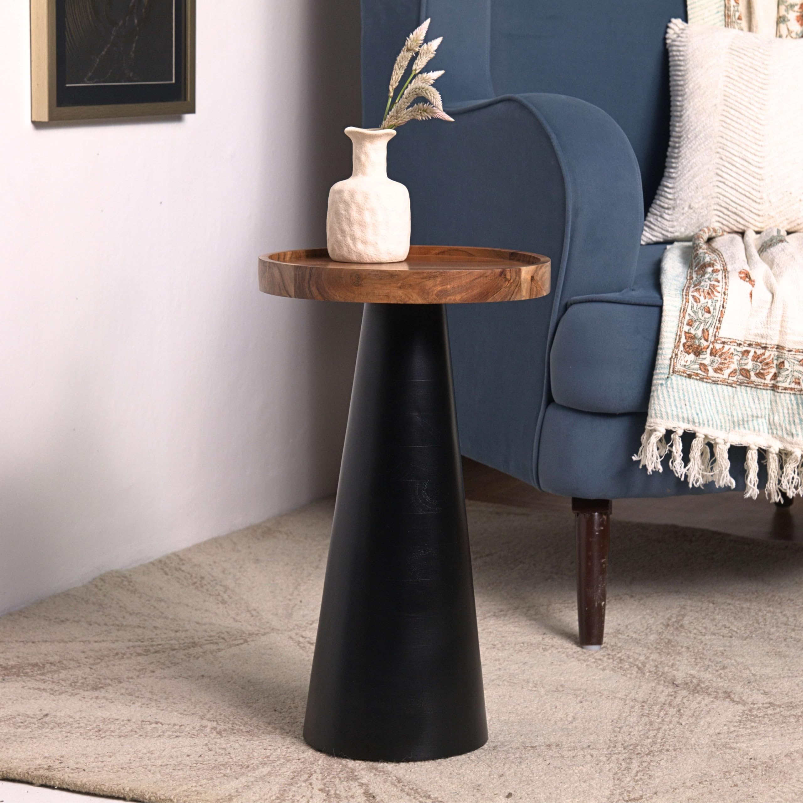 Mid-Century Farmhouse Cottagecore Accent End Table, Solid Wood Side Table with Tray Top,Pedestal Martini Table, Handmade Plant Stand Rustic Drink Table for Living Room, Bedroom, Black,Assembled