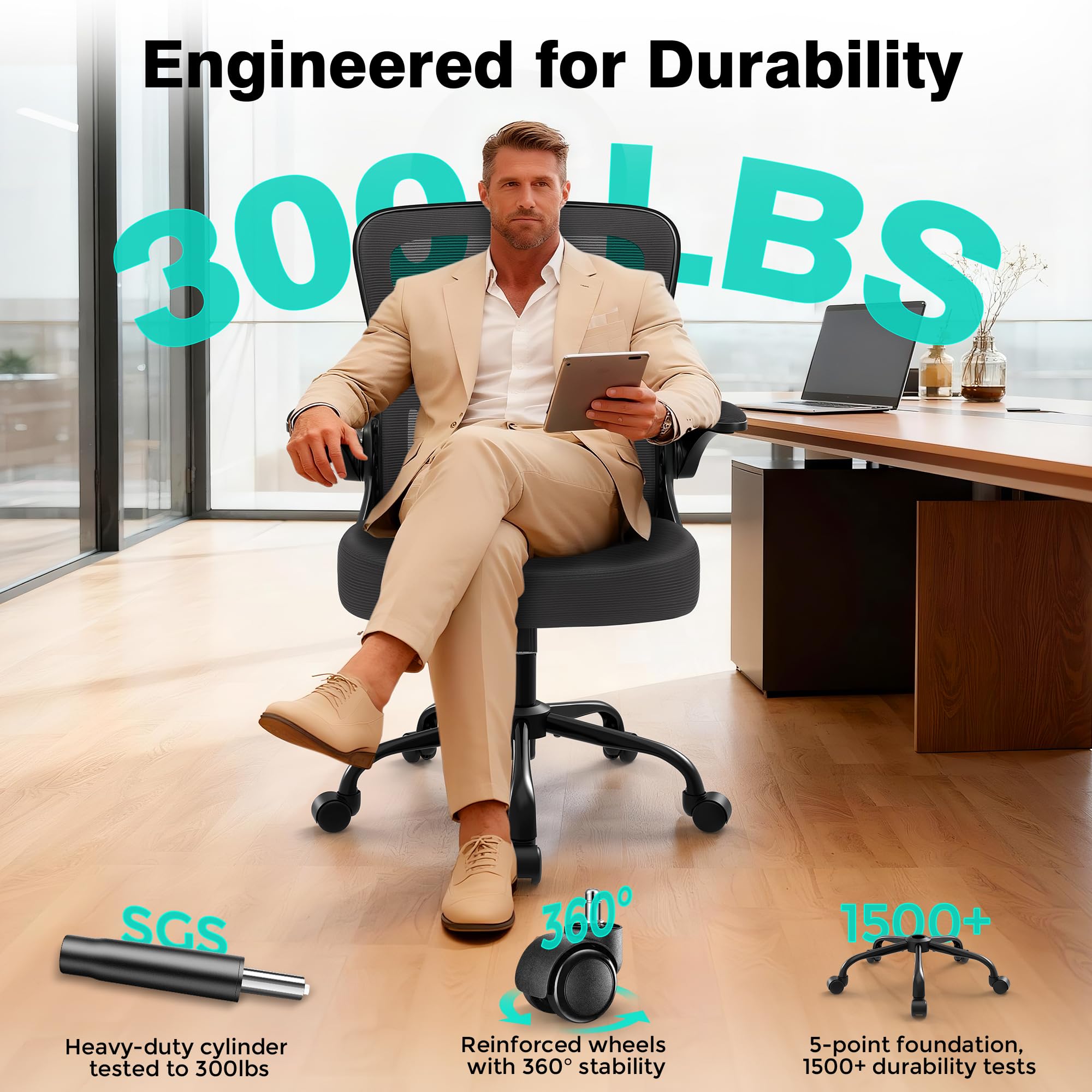 Office Chair - Ergonomic Breathable Mesh Desk Chair with Adjustable Lumbar Support and Flip-up Armrests - Executive High Back Rolling Swivel Comfortable Computer Gaming Chair for Home Office