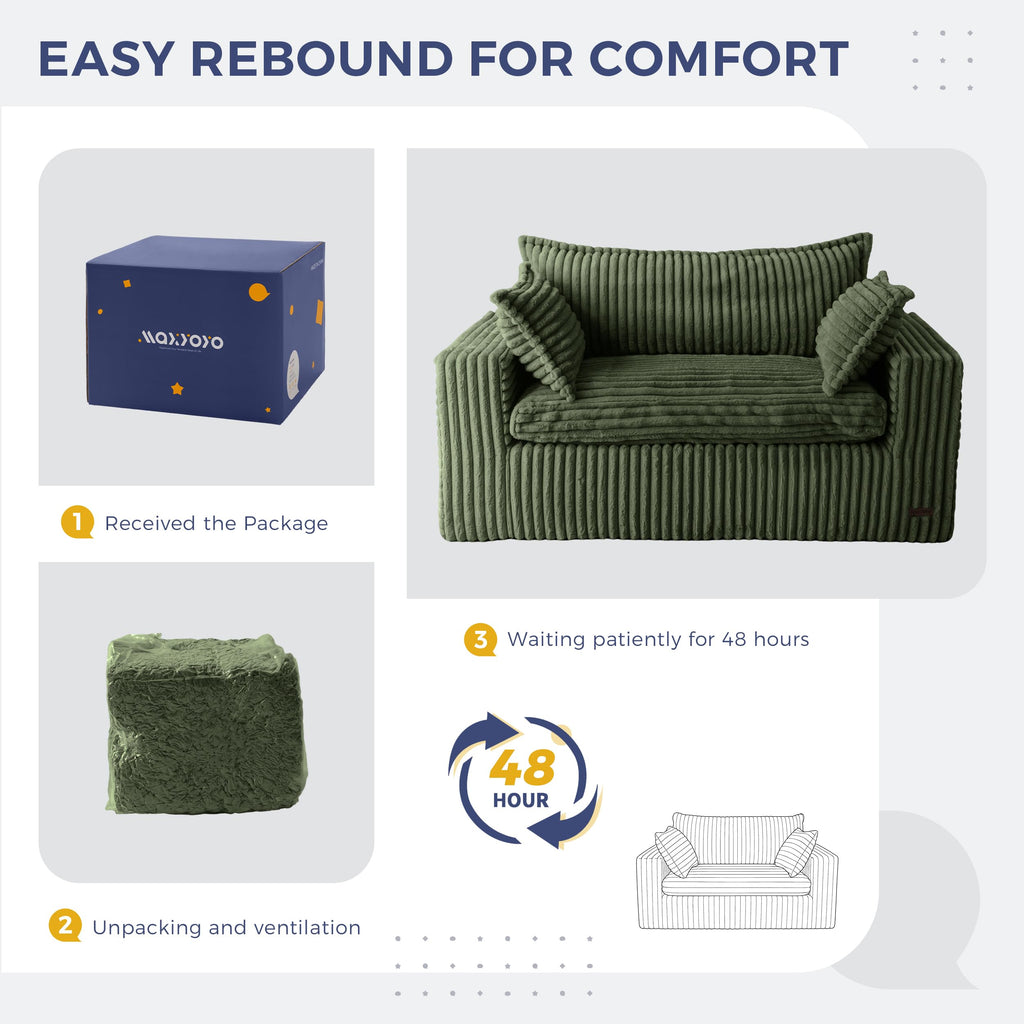 59" Bean Bag Sofa Couch, Loveseat Boneless Couch in a Box, Upholstered Small Mini Sofa with Deep Seating for Living Room Bedroom Office Apartment, No Assembly, Green