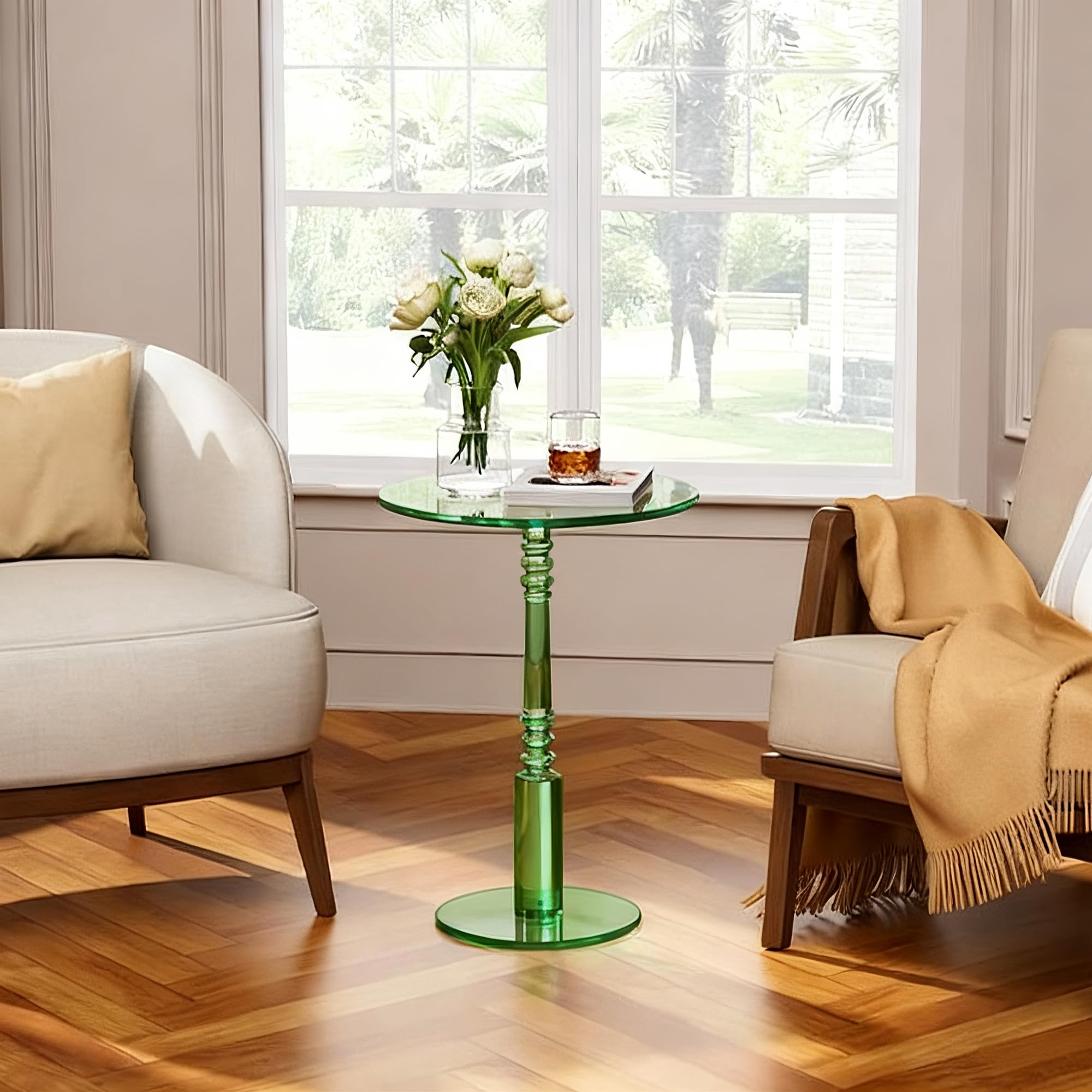 Modern Acrylic Side Table, Round Clear End Table for Living Room,Bedroom Lobby and Office Easy Assembly (Green, Large)