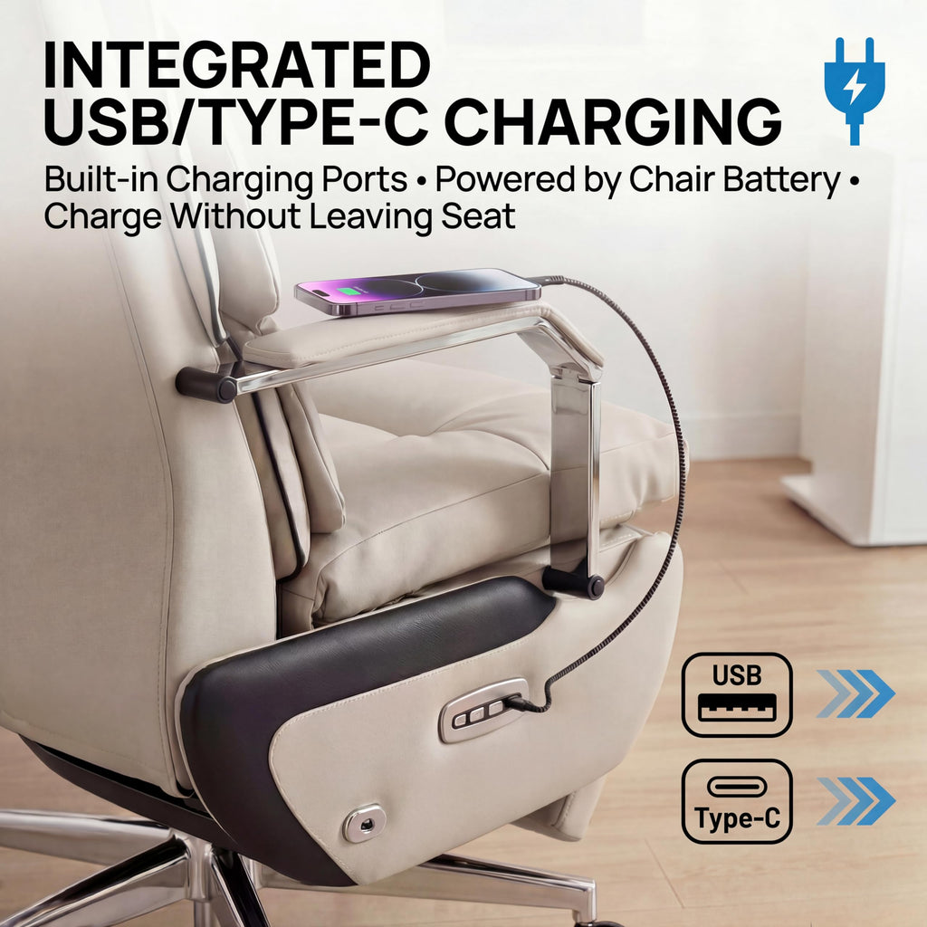 Dual Motor Executive Home Reclining Office Chair with Footrest - One-Click Electric Recline with Massage & Pillow Support Big and Tall PU Leather Ergonomic Desk Chair, High Back Wide Seat (White)