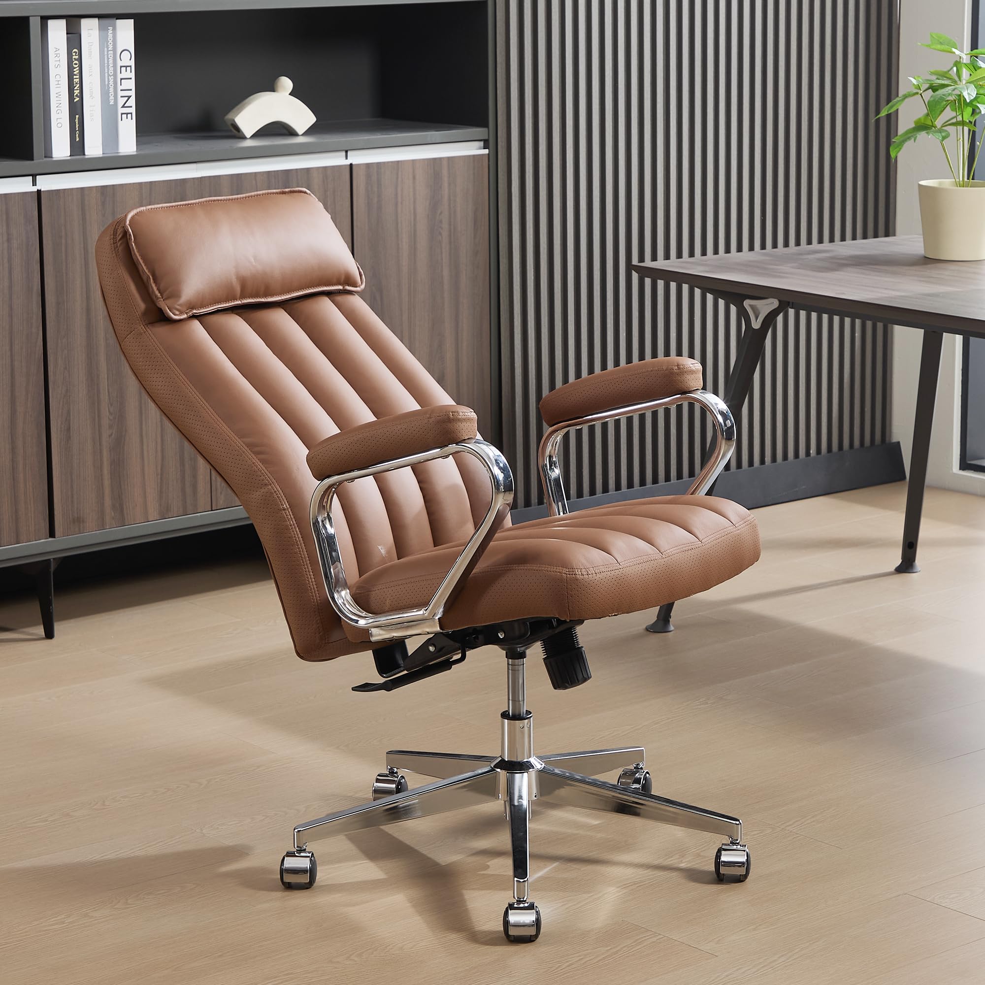 Okeysen Executive Office Chair, Modern Leather Chair with Headrest & Lumbar Support, High Back Ergonomic Chair with Padded Armrests & Seat, Height Adjustable Swivel Rolling Chair for Home Office.