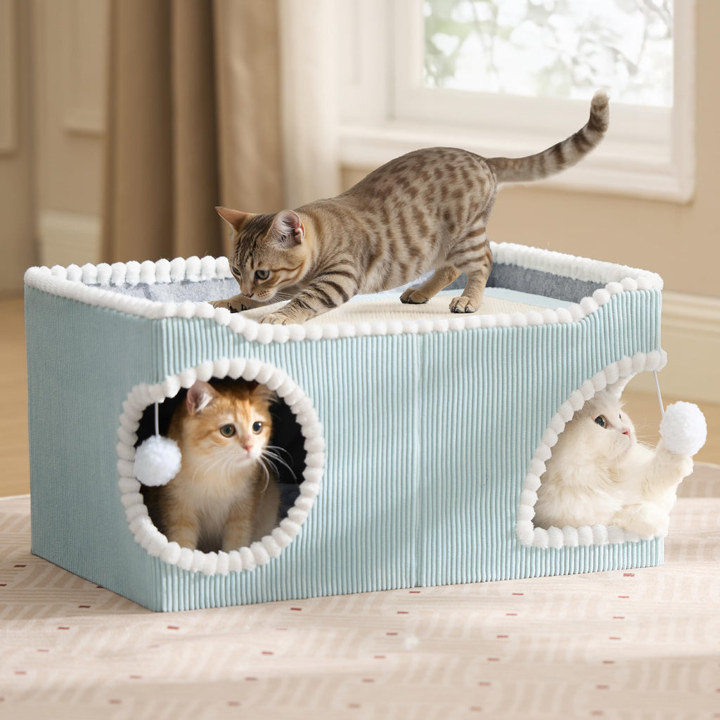 Large Cat Beds for Indoor Cats - Extra Wide Cat House with Scratch Removable Top Sisal Pad for Multi Cats, Foldable Cave Hideaway for Entertainment, 23.6x15.9x12.6inches, Blue