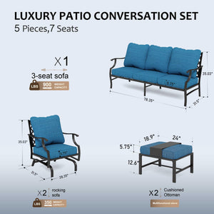 5 Pieces Patio Furniture Set, 2 x Rocking Chair, 2 x Ottoman, 1 x 3-Seat Sofa, All Cushioned 7 Seats Metal Outdoor Conversation Set for Lawn Garden Backyard