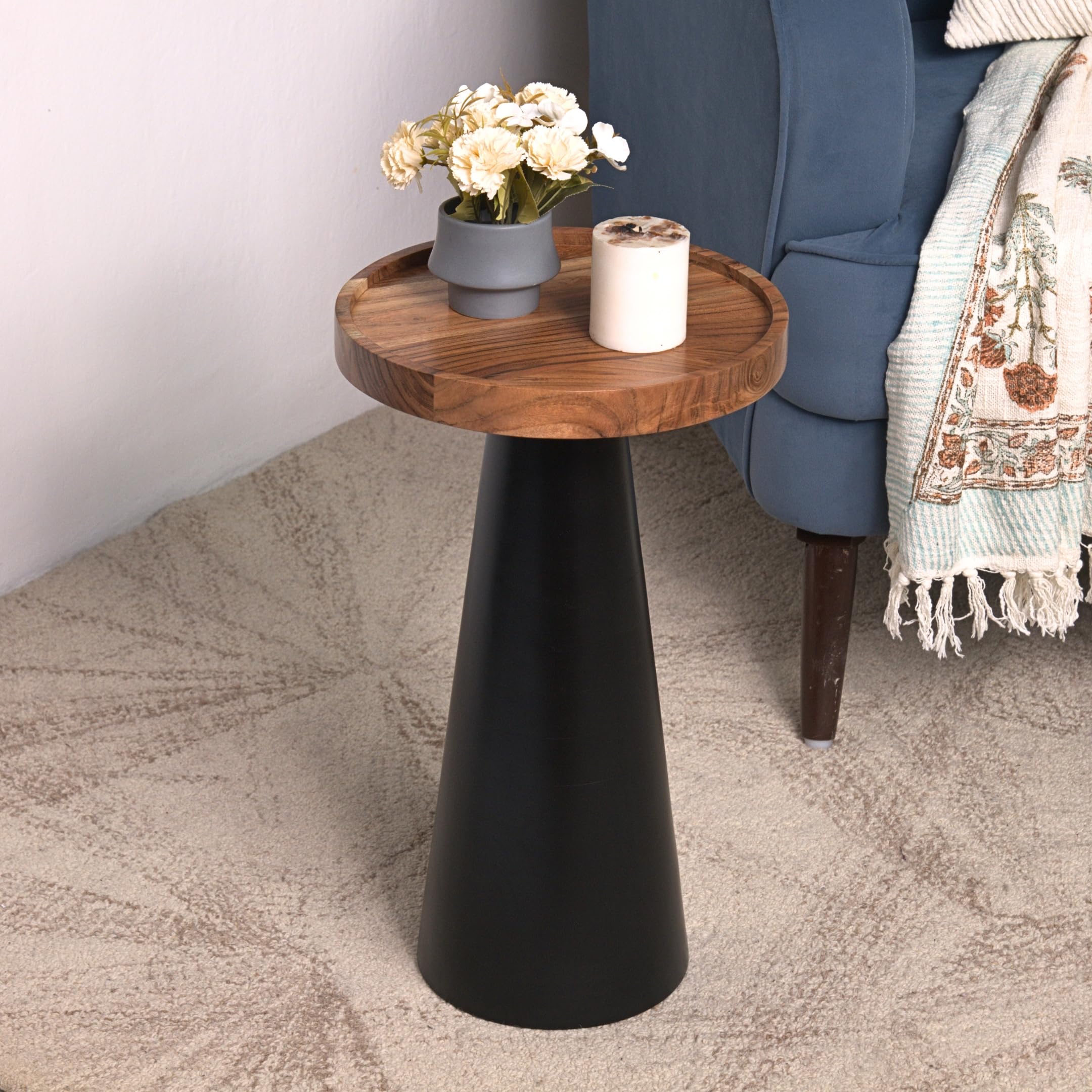 Mid-Century Farmhouse Cottagecore Accent End Table, Solid Wood Side Table with Tray Top,Pedestal Martini Table, Handmade Plant Stand Rustic Drink Table for Living Room, Bedroom, Black,Assembled