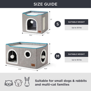 Large Cat Beds for Indoor Cats - Extra Wide Cat Cube House for Small Pet with Fluffy Ball Hanging and Scratch Pad, Foldable Pet Cave Hideaway for Multiple Cats, 23.6x16.9x13 inches, Grey