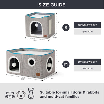 Large Cat Beds for Indoor Cats - Extra Wide Cat Cube House for Small Pet with Fluffy Ball Hanging and Scratch Pad, Foldable Pet Cave Hideaway for Multiple Cats, 23.6x16.9x13 inches, Grey