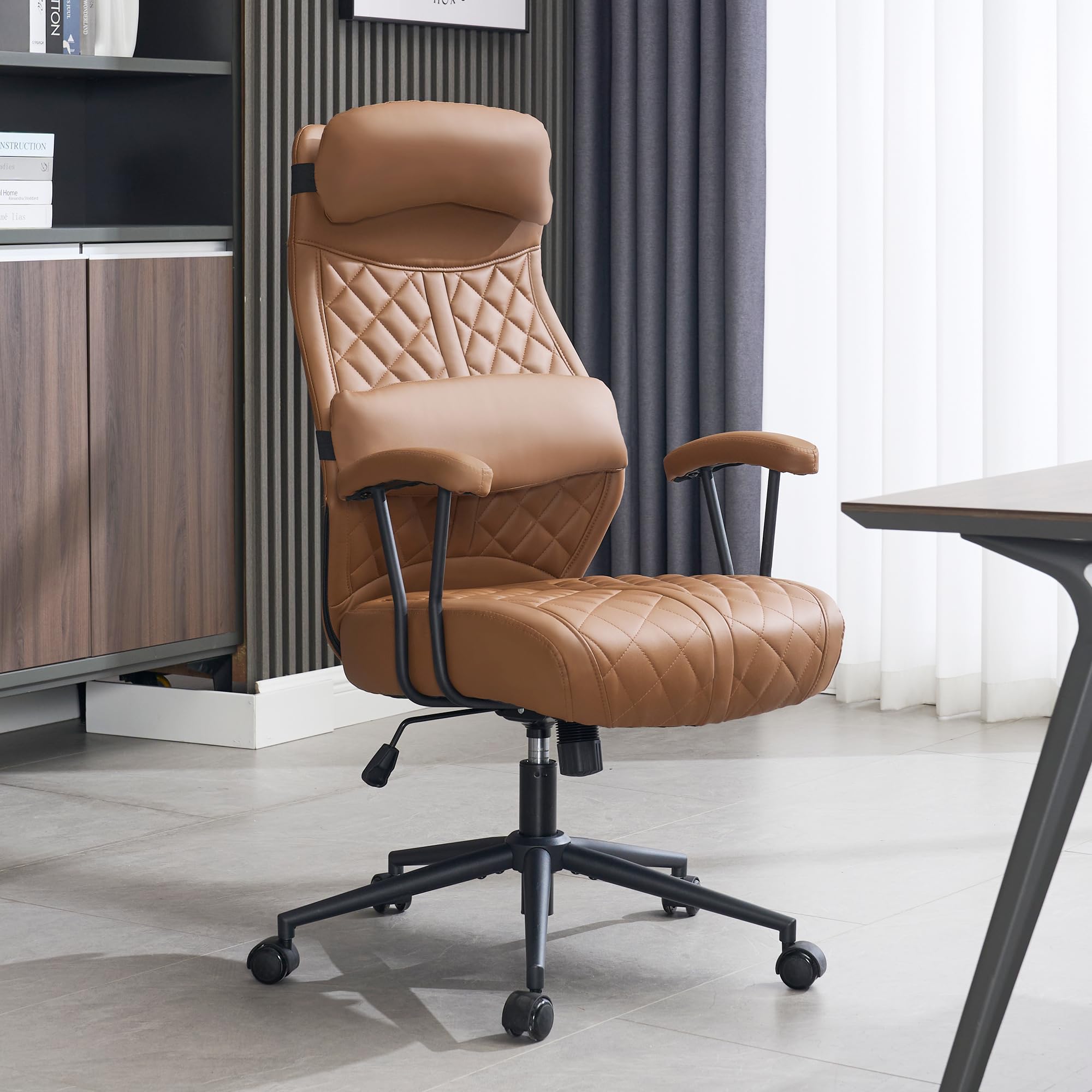 Modern Leather Office Chair, High Back Conference Room Chairs Mid-Century Reclining Office Chairs with Removable Pillow, Padded Executive Office Chair for Home, Office.
