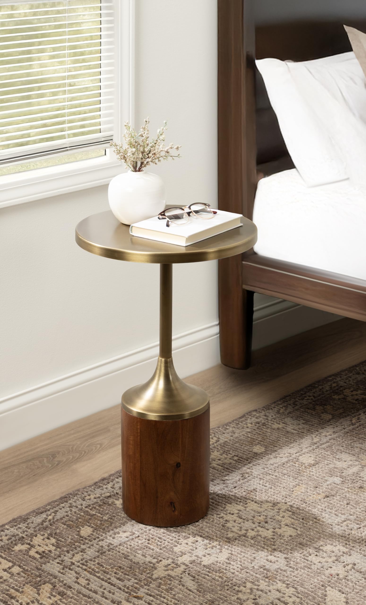 Whelan Modern Metal Round Side Table, 14 x 14 x 24, Antique Brass and Walnut Brown, Transitional Sculptural Indoor Plant Stand for Living Room End Table or Bedroom Nightstand