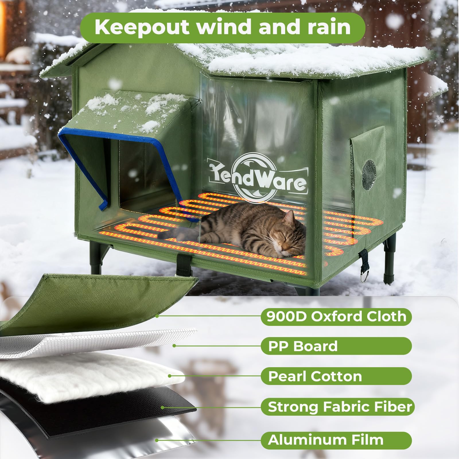 Outdoor Cat House Heated Cat House for Outside with Elevated Base Cat-Attracting Eave Design Feral Stray Shelter Weatherproof in Winter Garage Yard Porch