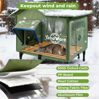 Outdoor Cat House Heated Cat House for Outside with Elevated Base Cat-Attracting Eave Design Feral Stray Shelter Weatherproof in Winter Garage Yard Porch