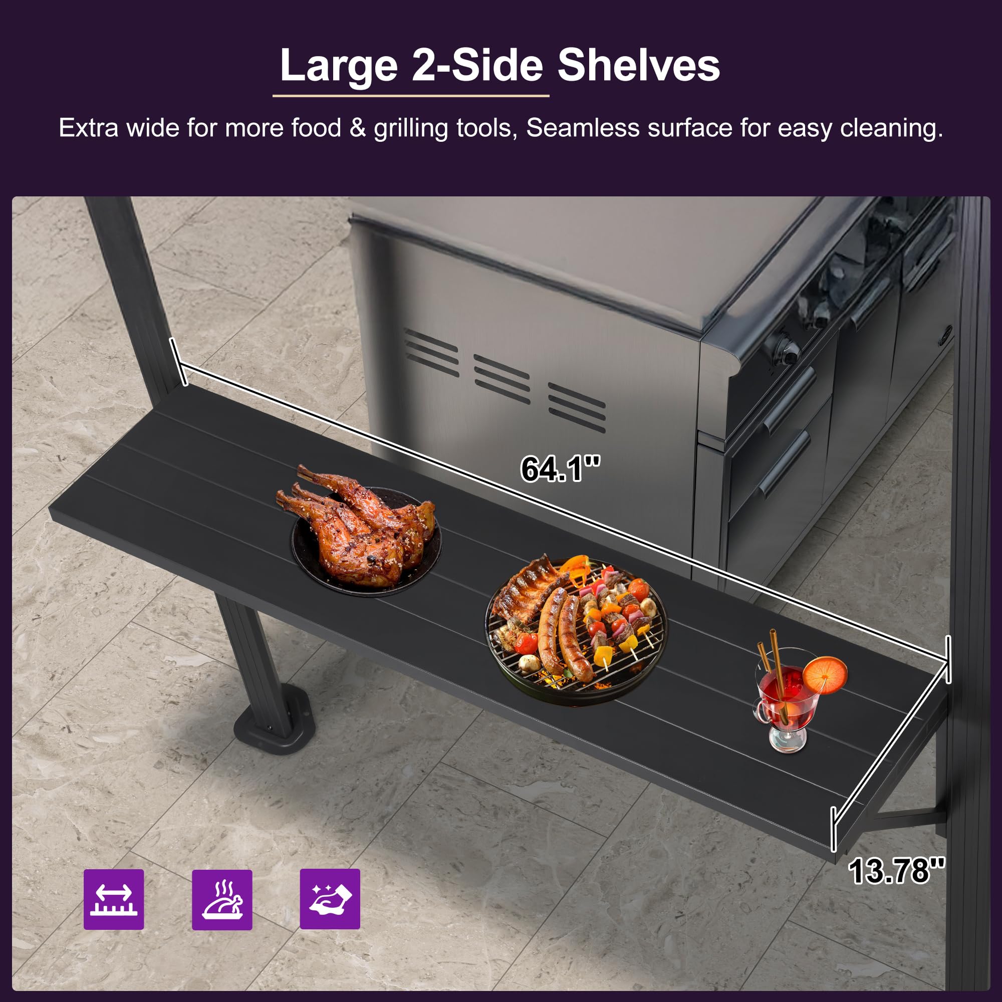 6.5' X 10' Hardtop Grill Gazebo for Patio Permanent Aluminum Barbeque Shelter Gazebo Canopy with Ceiling Hook and Shelves Double Tiered Grey Outdoor BBQ