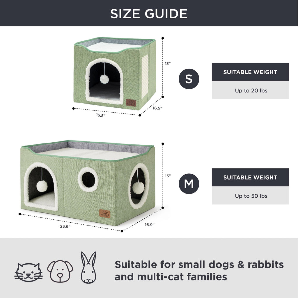 Large Cat Beds for Indoor Cats - Extra Wide Cat Cube House for Small Pet with Fluffy Ball Hanging and Scratch Pad, Foldable Pet Cave Hideaway for Multiple Cats, 23.6x16.9x13 inches, Green