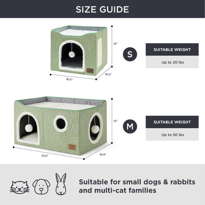 Large Cat Beds for Indoor Cats - Extra Wide Cat Cube House for Small Pet with Fluffy Ball Hanging and Scratch Pad, Foldable Pet Cave Hideaway for Multiple Cats, 23.6x16.9x13 inches, Green