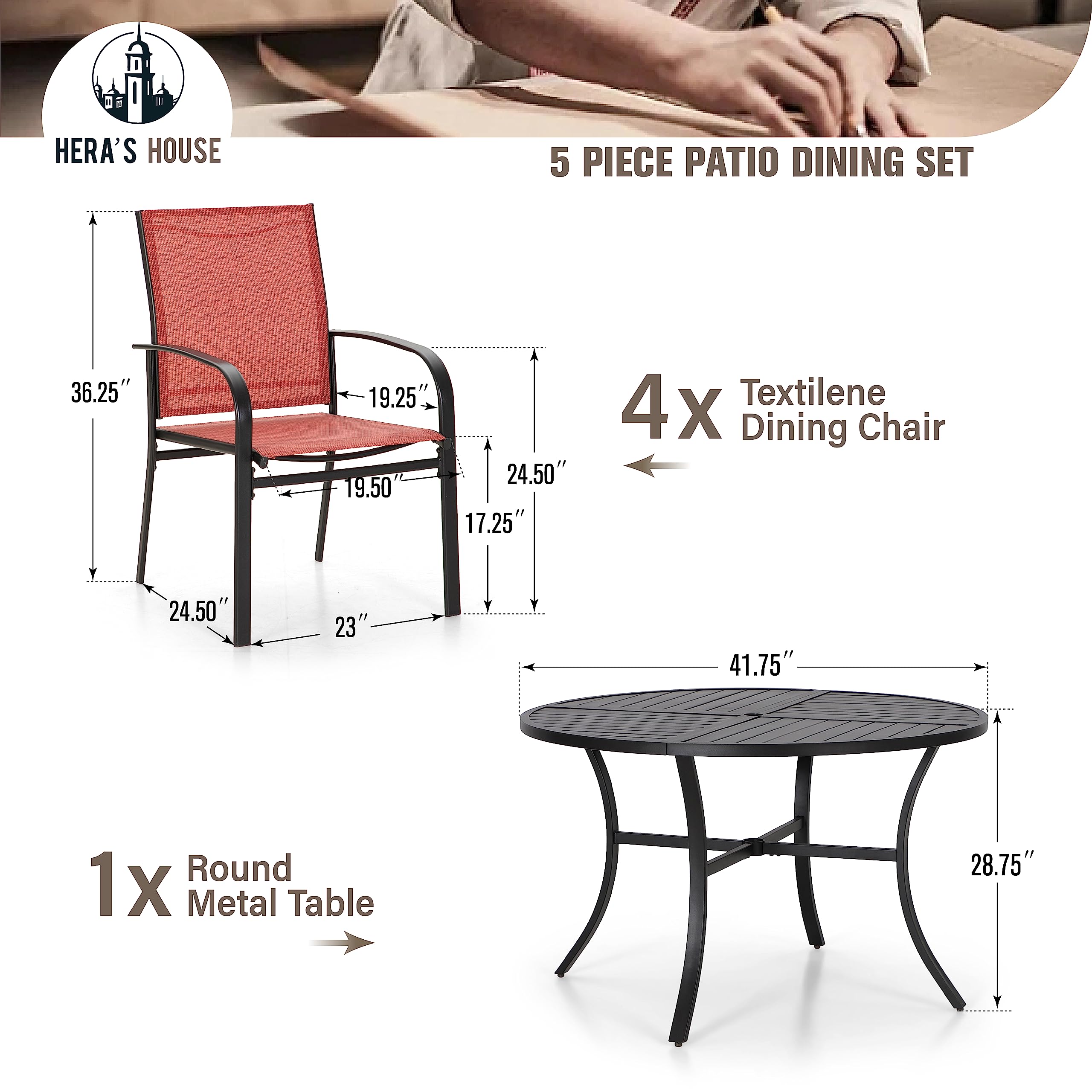 5 Pieces Patio Dining Set, Patio Table and Chairs Set for 4, 4 x Red Textilene Dining Chair and 42" Metal Round Table for Lawn Garden Backyard Deck