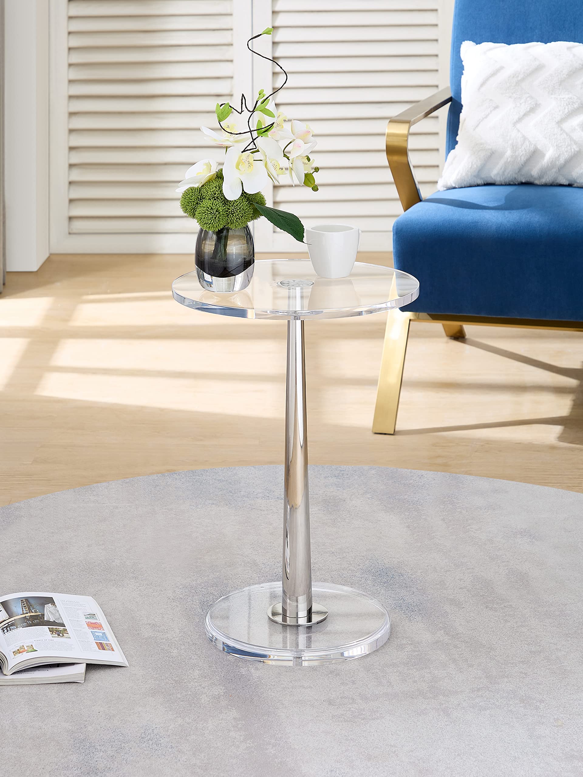 Clear Acrylic Table with Cone Metal Pole (Small, Silver) …