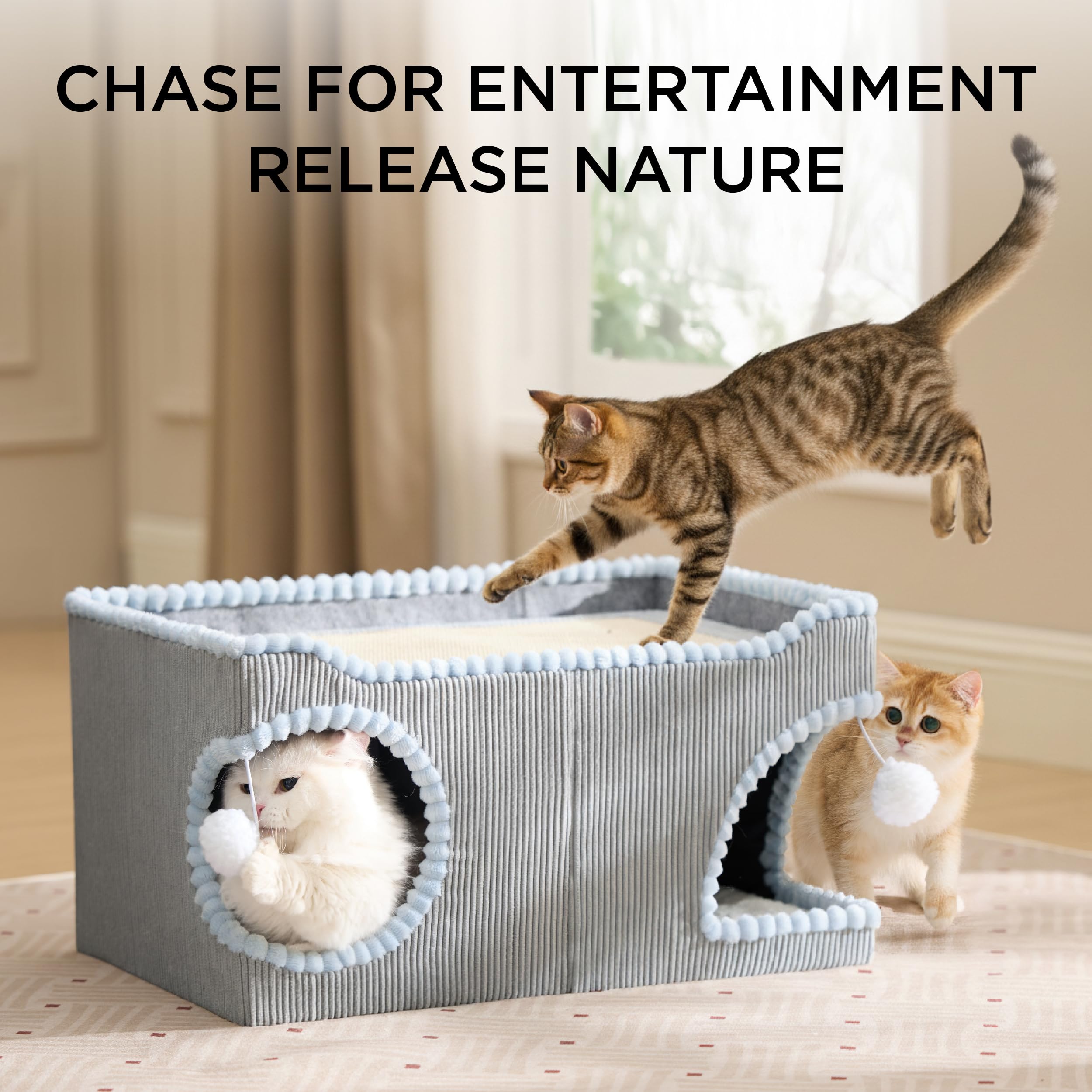 Large Cat Beds for Indoor Cats - Extra Wide Cat House with Scratch Removable Top Sisal Pad for Multi Cats, Foldable Cave Hideaway for Entertainment, 23.6x15.9x12.6inches, Grey
