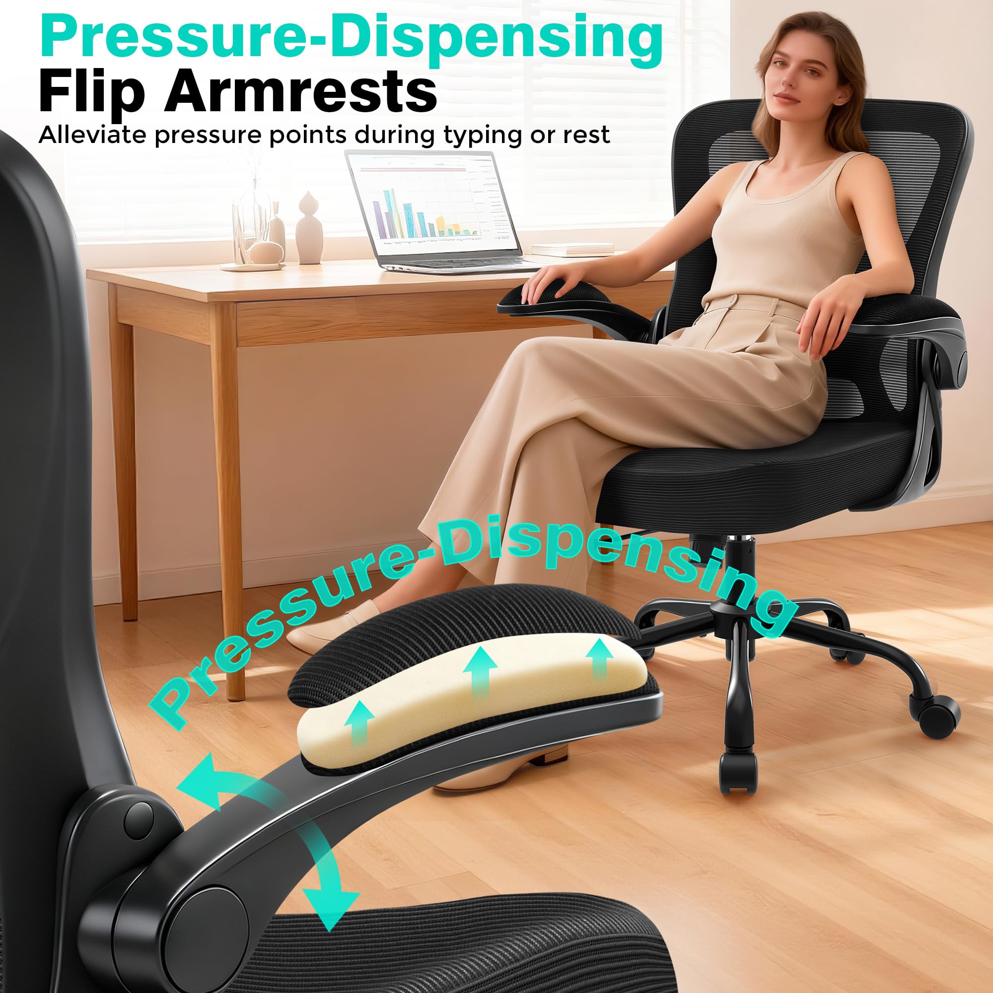 Office Chair - Ergonomic Breathable Mesh Desk Chair with Adjustable Lumbar Support and Flip-up Armrests - Executive High Back Rolling Swivel Comfortable Computer Gaming Chair for Home Office