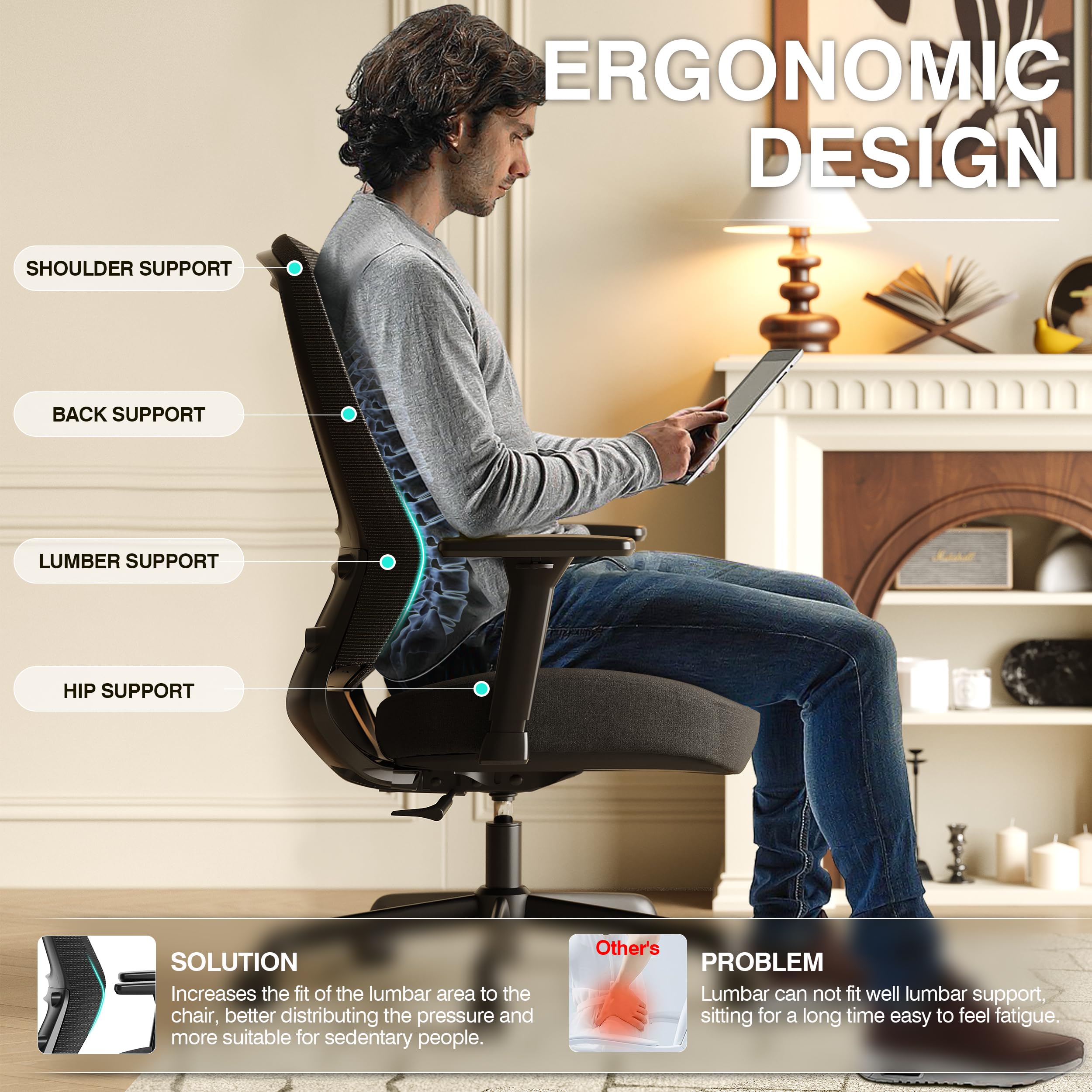 Ergonomic Home Office Chair, Mesh Computer Desk Chair with 4D Armrests, Adjustable Lumbar Support,Rolling Swivel Task Chair for Long Hours, Sponge Cushion