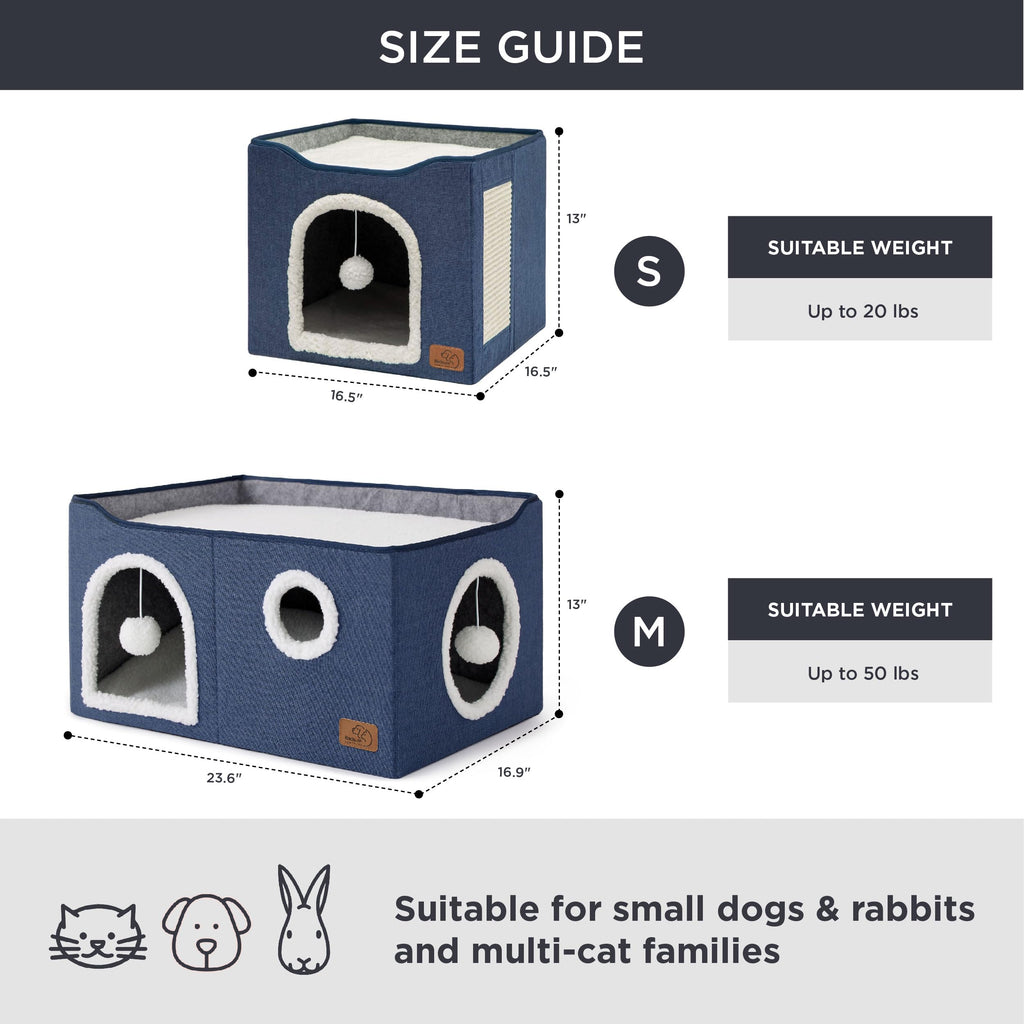 Large Cat Beds for Indoor Cats - Extra Wide Cat Cube House for Small Pet with Fluffy Ball Hanging and Scratch Pad, Foldable Pet Cave Hideaway for Multiple Cats, 23.6x16.9x13 inches, Blue