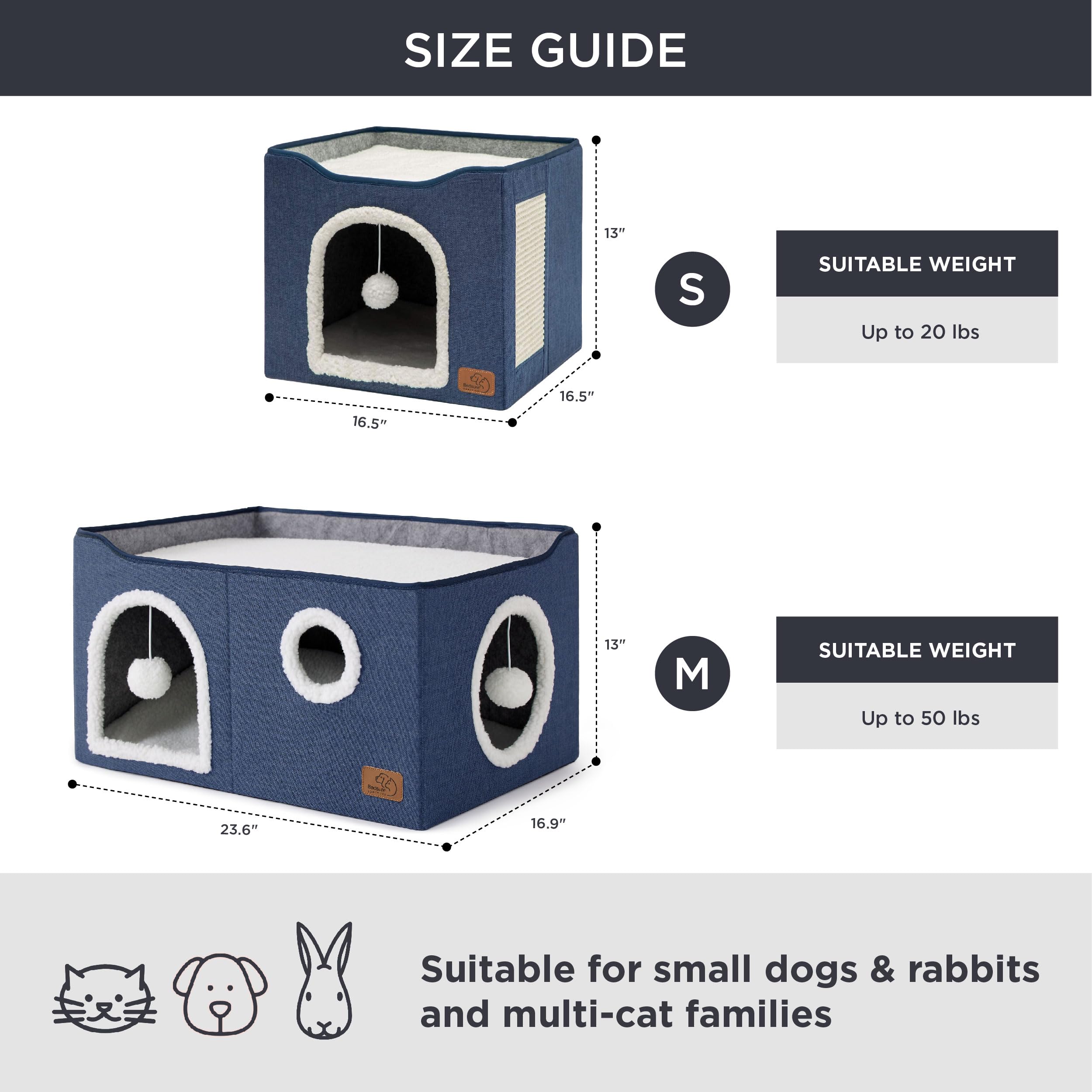 Large Cat Beds for Indoor Cats - Extra Wide Cat Cube House for Small Pet with Fluffy Ball Hanging and Scratch Pad, Foldable Pet Cave Hideaway for Multiple Cats, 23.6x16.9x13 inches, Blue