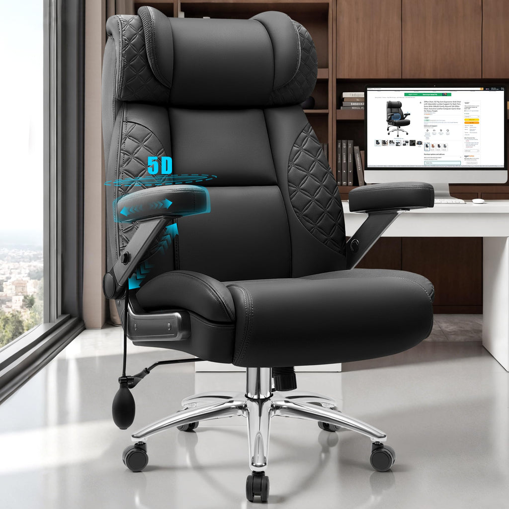 Office Chair Big and Tall, Desk Computer Chair for Heavy People, Oversized Executive Gaming Chair, Extra Wide 500LBS Ergonomic Comfy Office Chair with Adjustable Lumbar Support & 5D Flip Arms