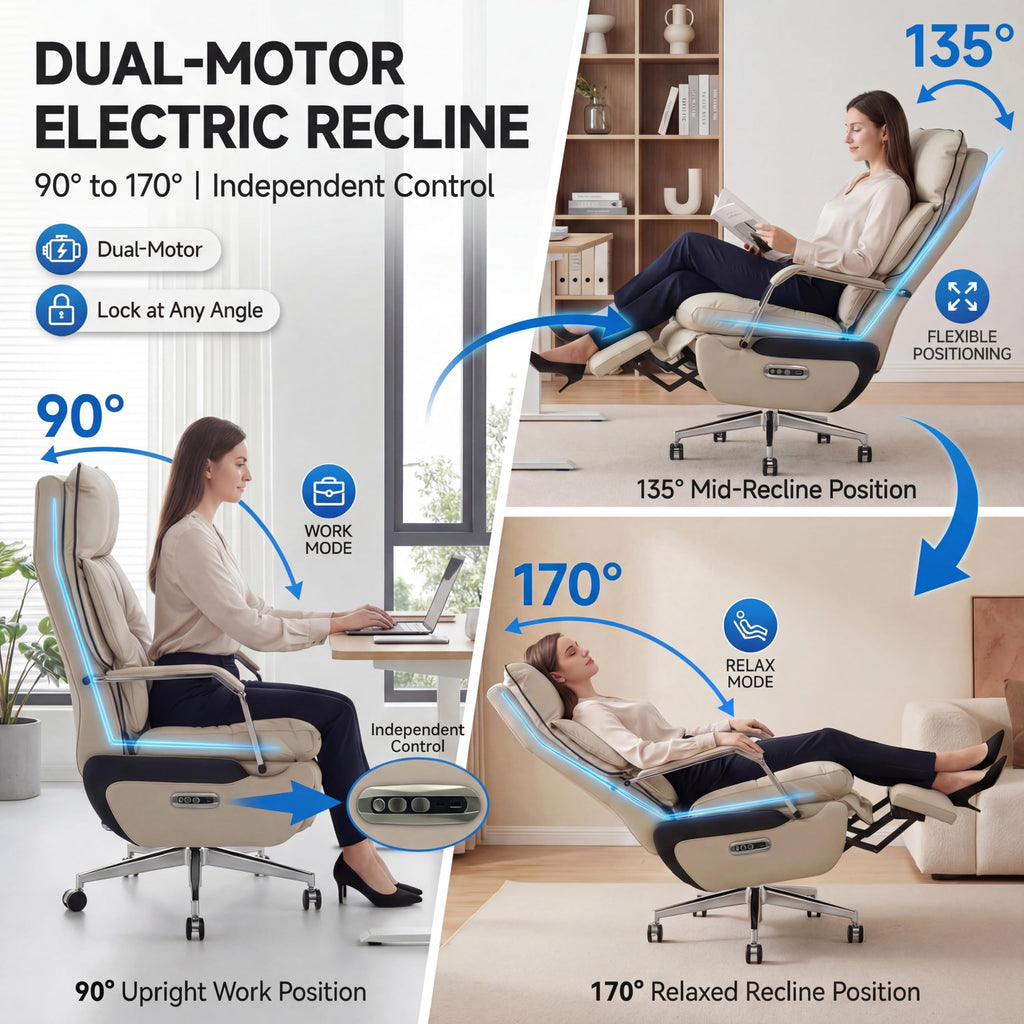 Dual Motor Executive Home Reclining Office Chair with Footrest - One-Click Electric Recline with Massage & Pillow Support Big and Tall PU Leather Ergonomic Desk Chair, High Back Wide Seat (White)